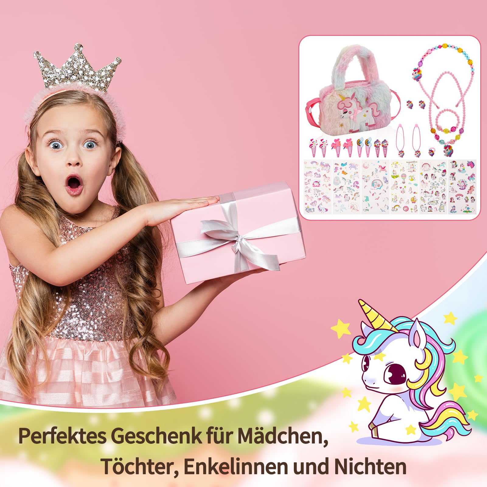 Einhorn Handtasche Mit Schmuck Set Für Mädchen - Komplett-Set Mit Halskette, Armband & Haarspangen