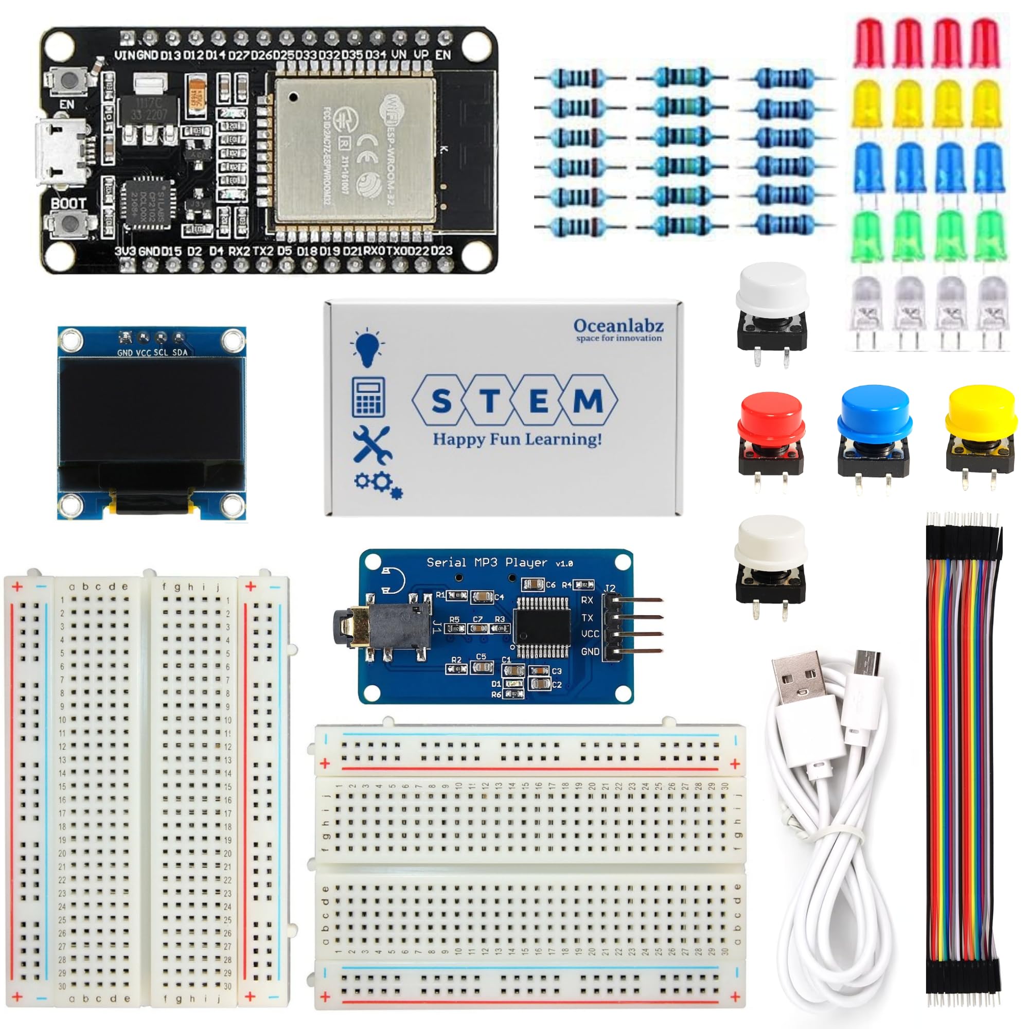 OceanLabz ESP32 Media Player DIY Kit | Serial MP3 Module, OLED Display, Push Buttons, LEDs & Audio Project Learning Kit