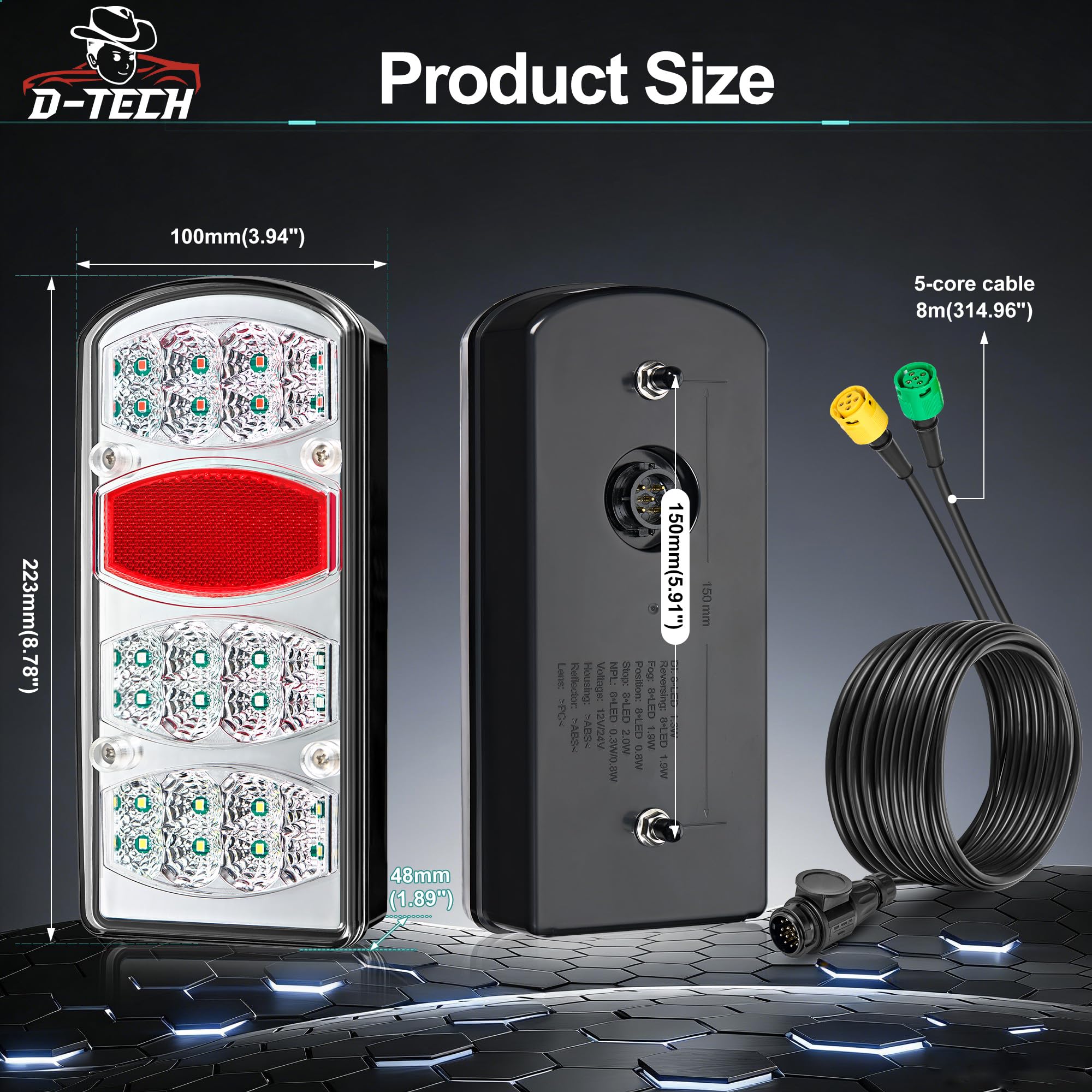 D-TECH Pilotos Focos Traseros Remolque LED IP65 ECE Homologados 12V/24V Plug & Play 8 m Kit Luces Traseras LED Remolque 13 Pines para Grandes Remolque Agrícola Caravana Camión y Portabicicletas