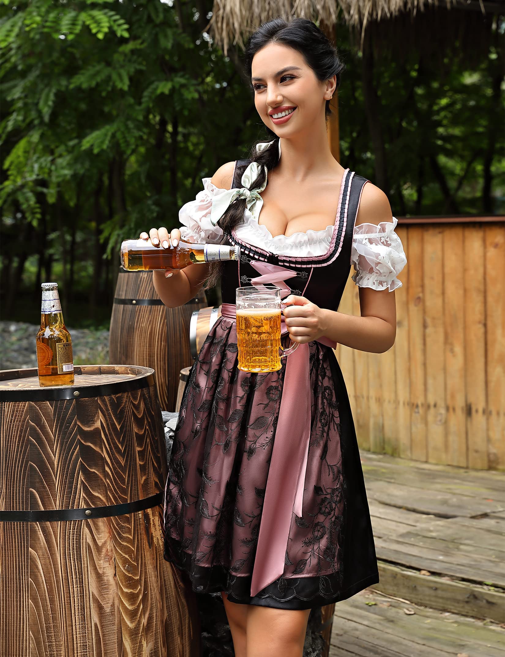 KOJOOIN Abito Donna Dirndl Bavaria Oktoberfest Set 3 Pezzi Camicia e Grembiule Dirndl Manica Corta Grembiule Bavarese Oktoberfest Cameriera Abiti da Festa