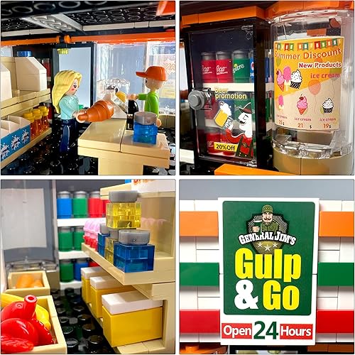 Miniatura 7 de General Jim's 'Gulp & Go' - Juego de bloques de construcción modulares para tiendas de conveniencia y gasolinera, kit de esquina urbana de 320