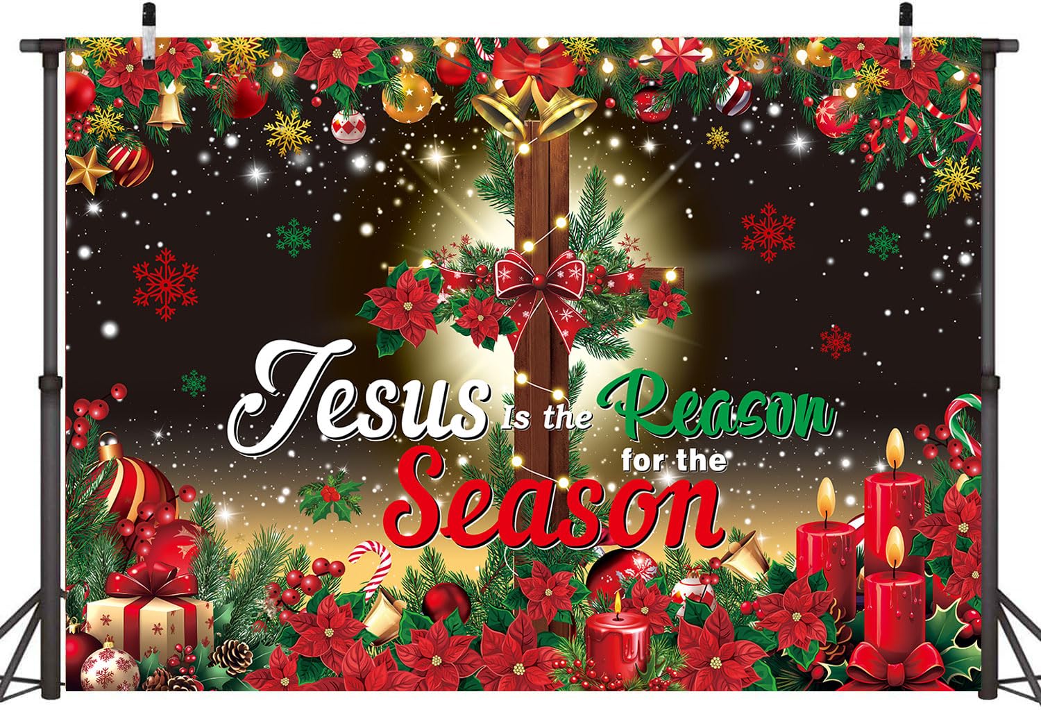 Condition photo showing New/Like New for Jesus is The Reason for The Season Backdrop 6x4FT Cross Religious Christmas Photography Background Winter Holiday Xmas Party Decorations Supplies Photo Props