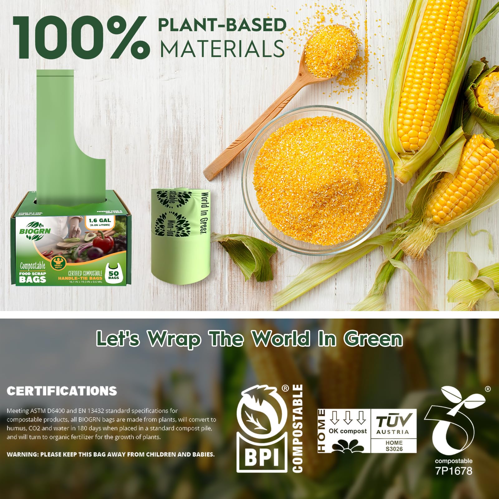 Bolsas de basura compostables de 1.6 galones con asas, 0.6 mil, 6.06 litros, 50 unidades, pequeñas bolsas de residuos de alimentos de cocina, ASTM D6400, US BPI y OK Compost Home Certified