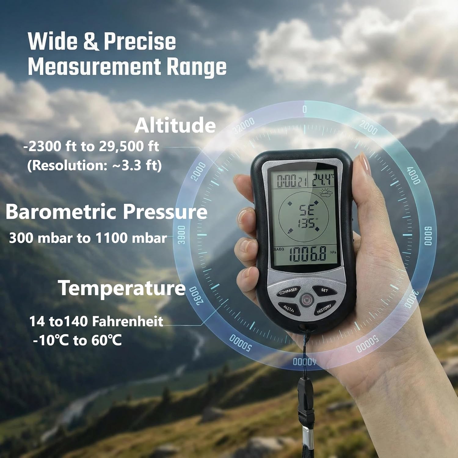Digital Altimeter, Digital Compass, Hiking Thermometer, Barometer 8 in 1 for Hiking Outside -2300 to 29500FT 1100MBAR, 300mbar to 1100mbar