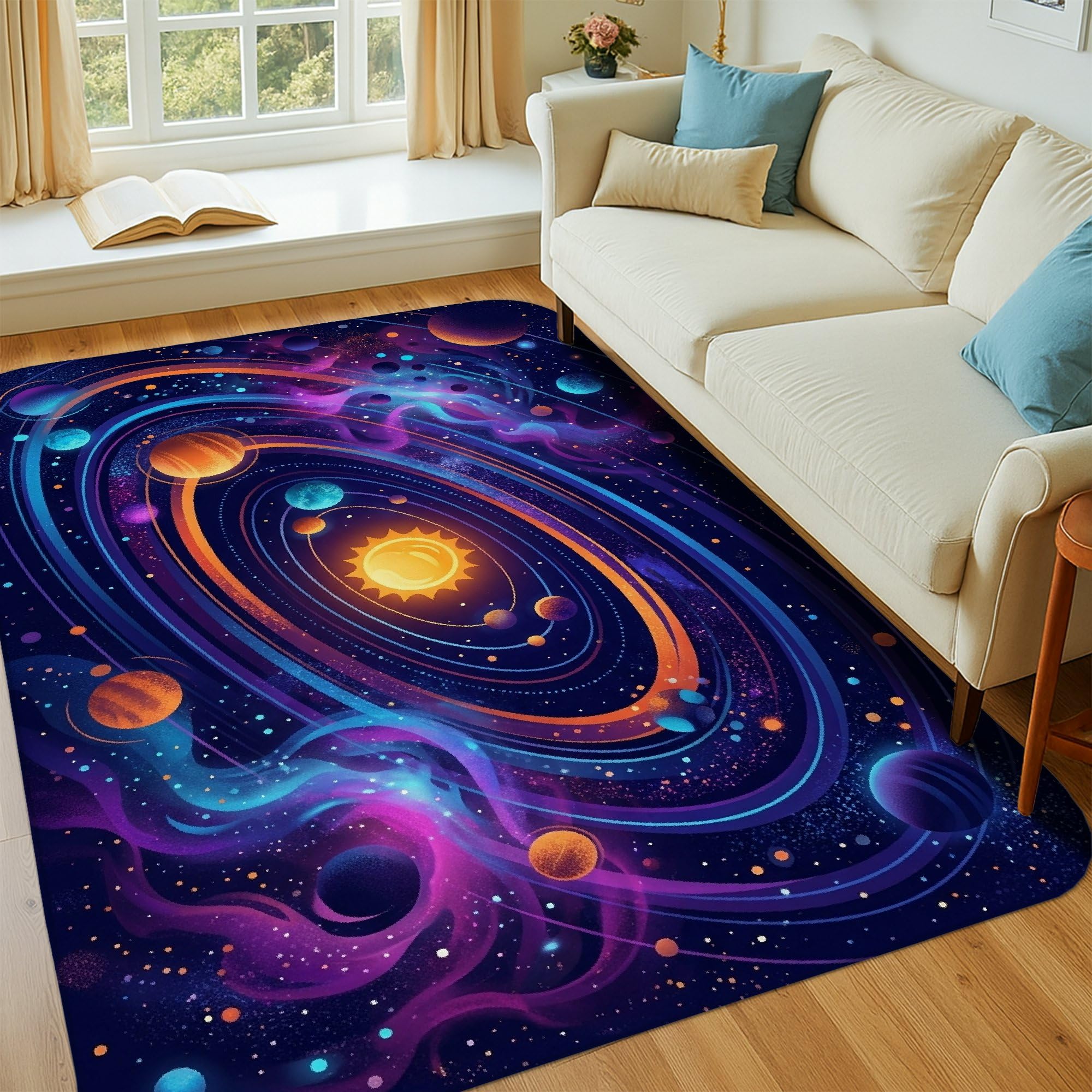 Alfombra de área para el sol, planetas futuristas cósmicos, galaxia N/A, violeta de pelo bajo, esponja, para el hogar, alfombra con estampado rectangular para sala de estar, dormitorio, decoración de