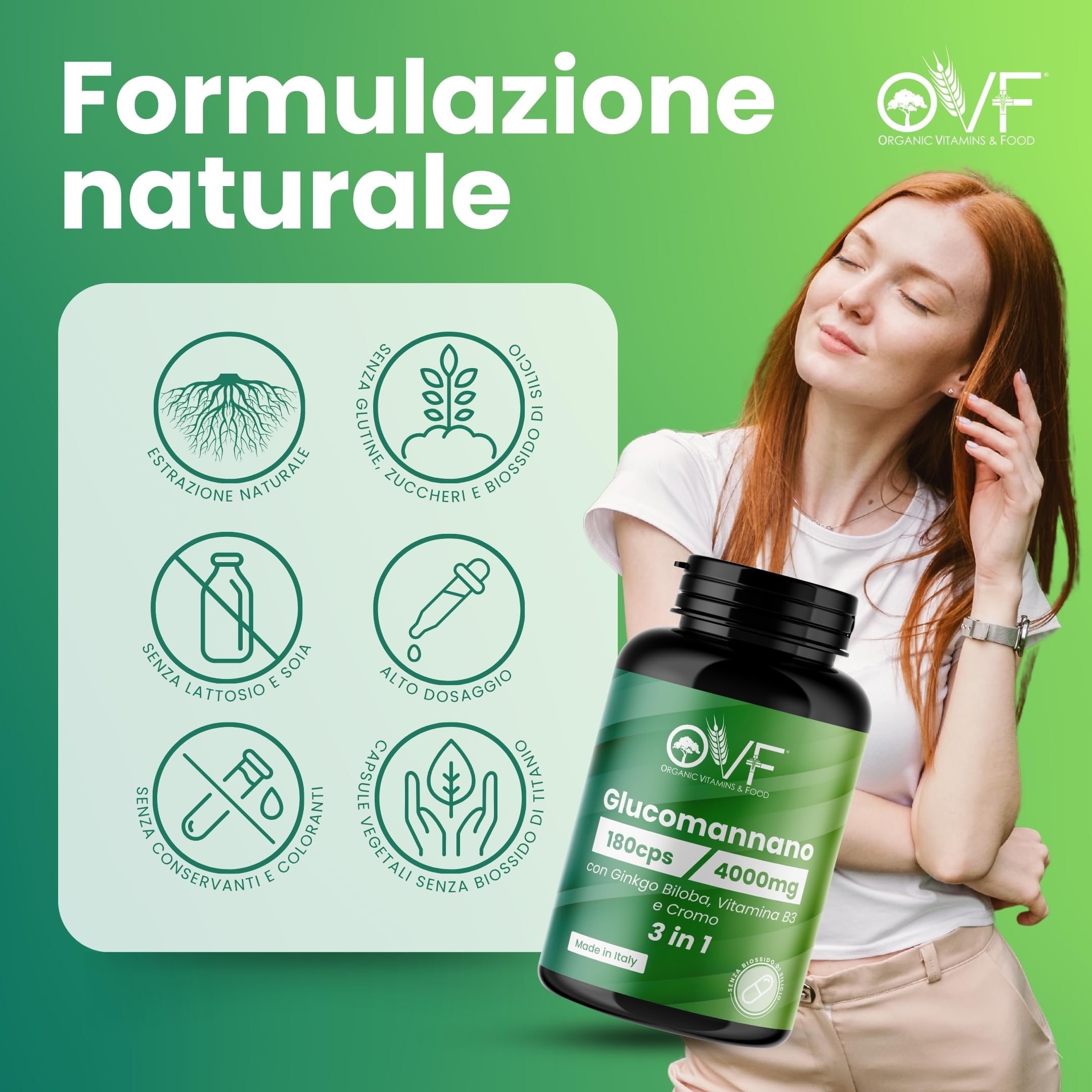 OVF Glucomannano Forte 4000 mg, 180 Capsule con Ginkgo Biloba, Vitamina B3 e Cromo, Integratore Alimentare con Glucomannano Puro da Radice di Konjac, Tè Verde e Bamboo, Made in Italy