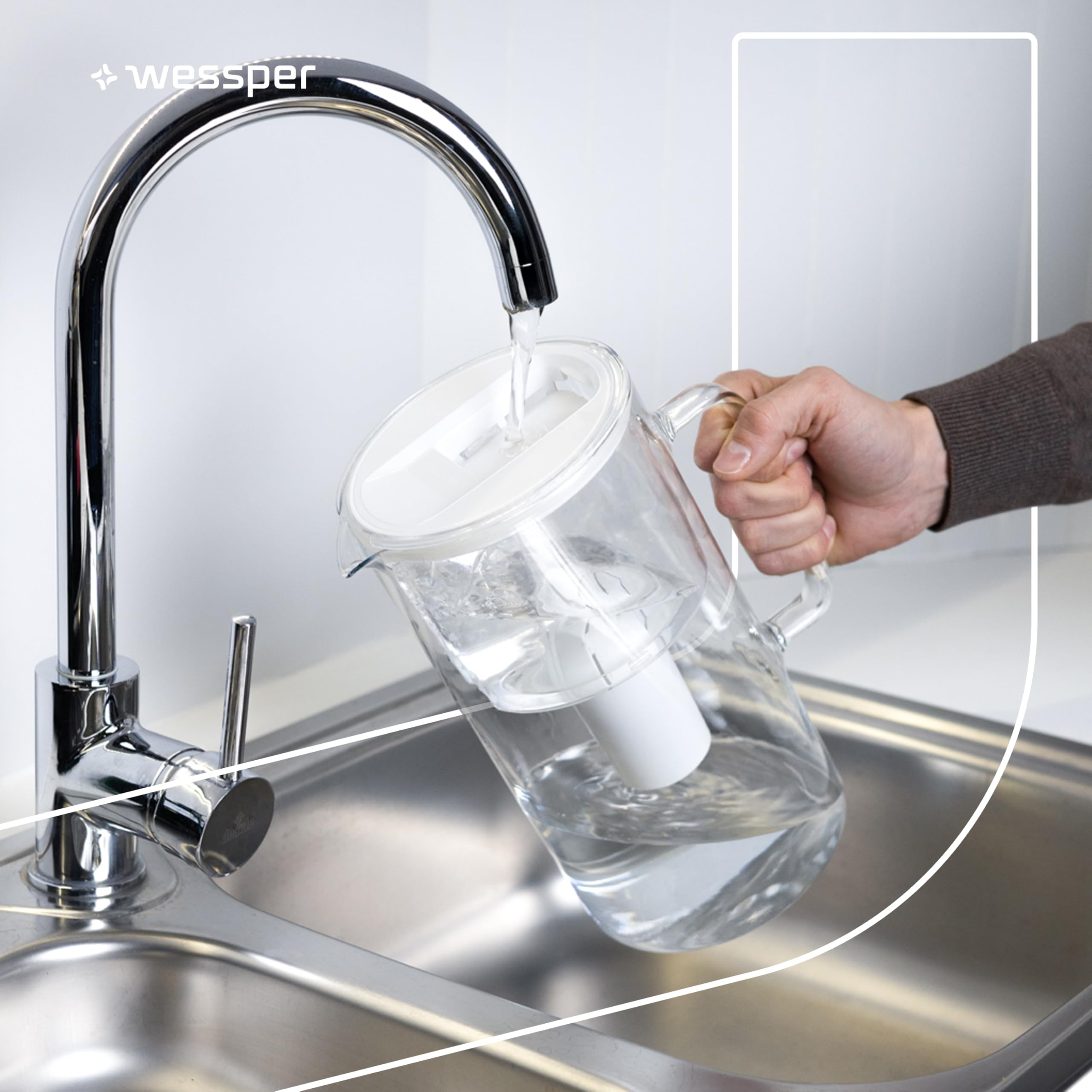 Wessper Carafe Filtrante en Verre avec Deux Cartouche Anti Calcaire, Carafe d'eau Capacité de 3 L, Filtres eau Compatible avec Brita Classic, Dafi Classic, Blanc