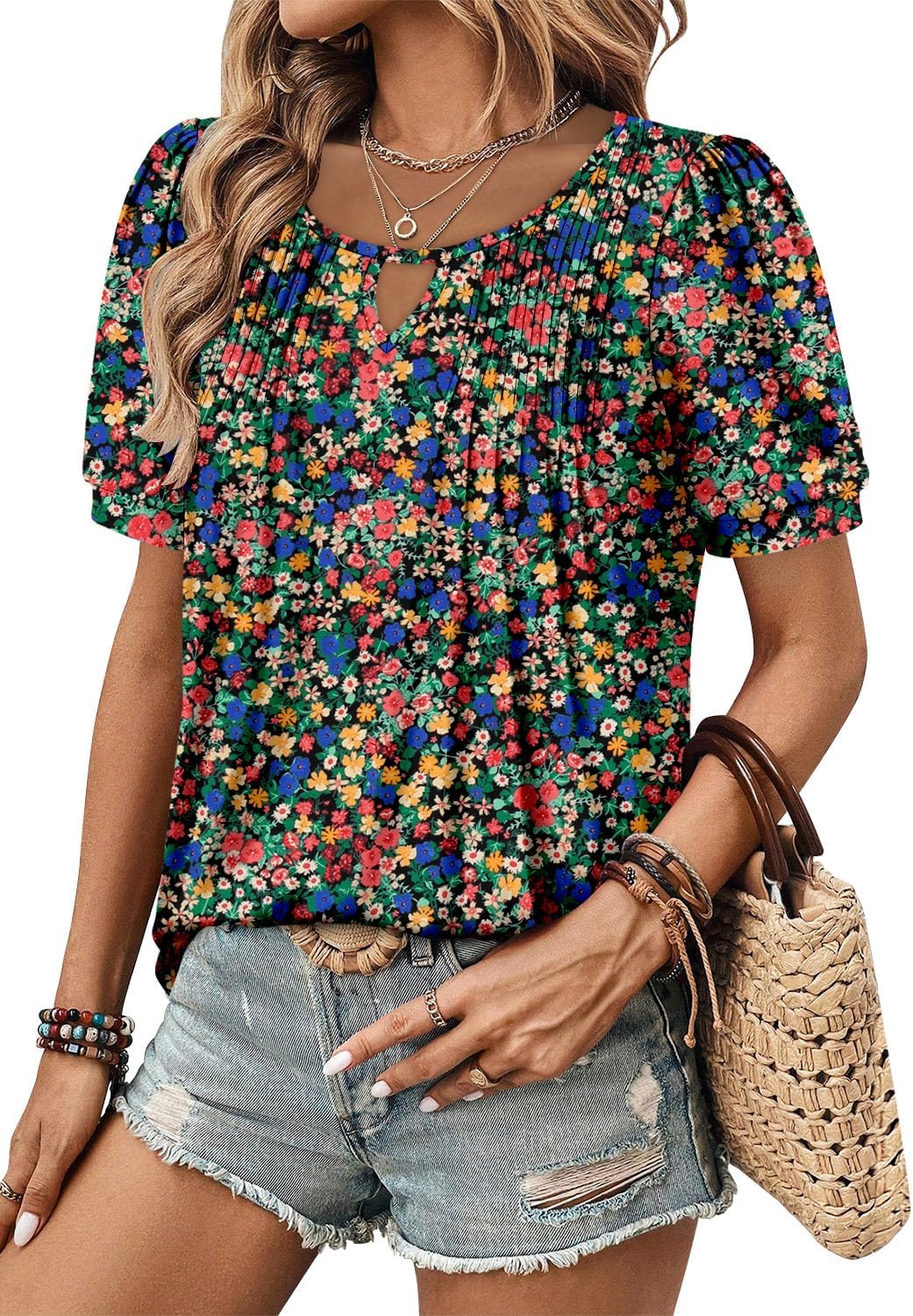 KISSMODA Women's Short Sleeve V Neck Floral Tunic Top - Image 4
