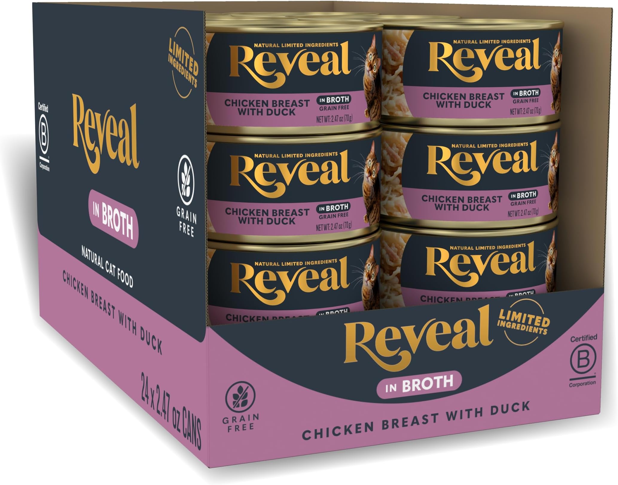 Reveal Natural Wet Canned Cat Food, Limited and Natural Ingredients, Grain Free, High Protein with No Artificial Additives, Chicken Breast with Duck in Broth (24 x 2.47 oz Cans)