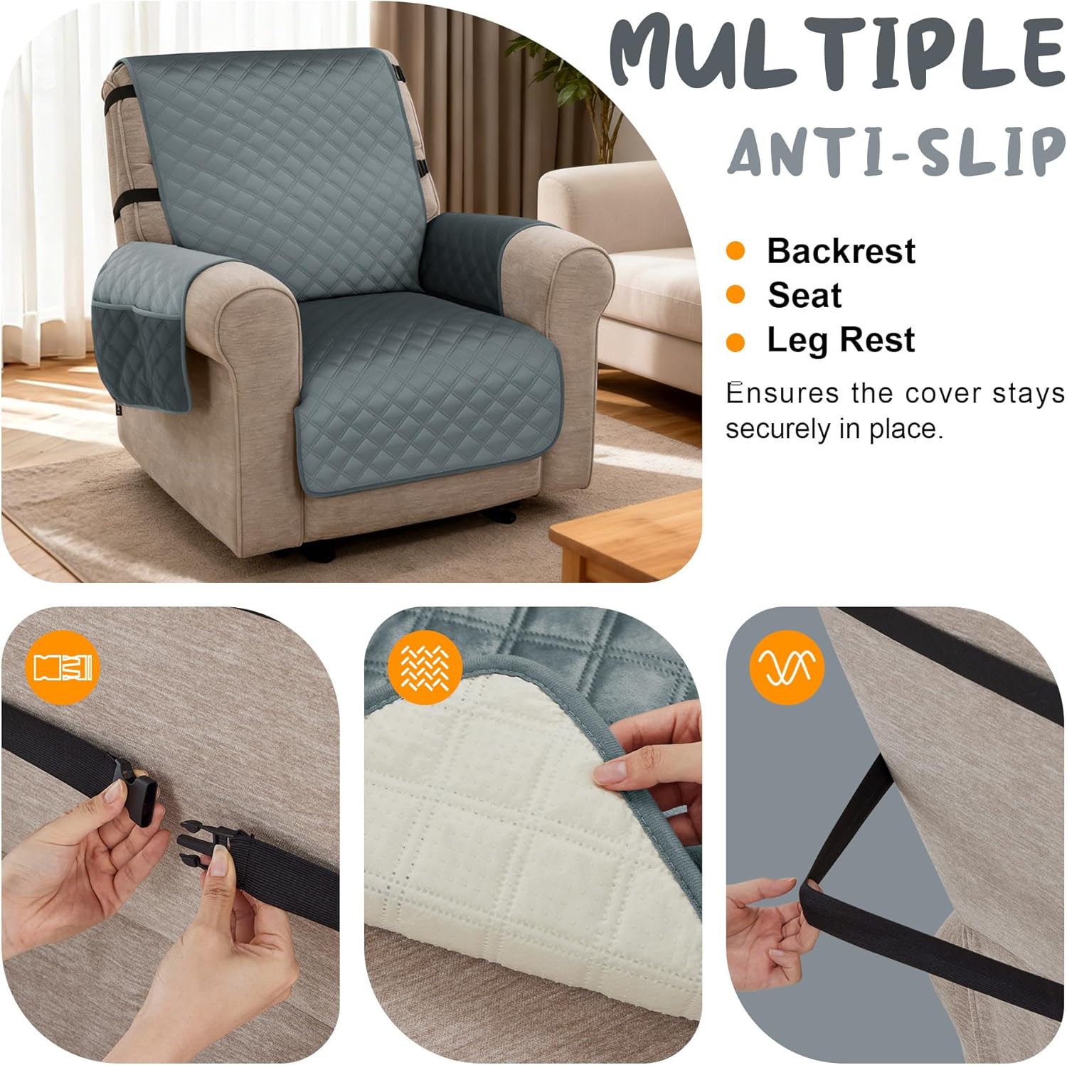 MCombo Waterproof Recliner Chair Cover, Velvet Non Slip Recliner Cover with Pockets, Furniture Protector Washable Recliner Slipcovers for Pets, Kids (Dark Grey, 1 Seat)