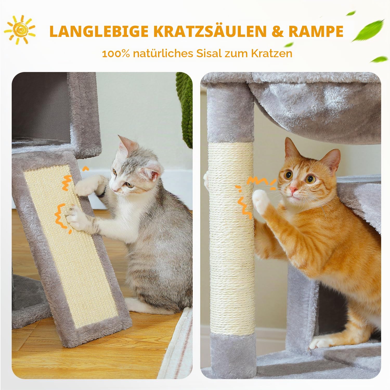 PETEPELA Kratzbaum 104cm Katzenbaum mit 2 geräumigen Höhle für Wohnungskatzen, Katzenhaus mit bequemer 40cm Hängematte, gepolsterter Sitzstange, Kratzpad und abziehbarer Spielball grau