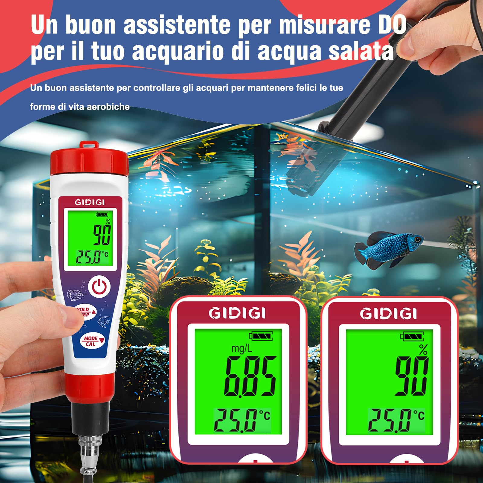 Misuratore digitale di ossigeno disciolto con cavo sonda da 4,92 piedi, analizzatore di ossigeno misuratore DO con accessori, kit di test per acquari e laghetti 0,0-40,0 mg/L per acquario, vino