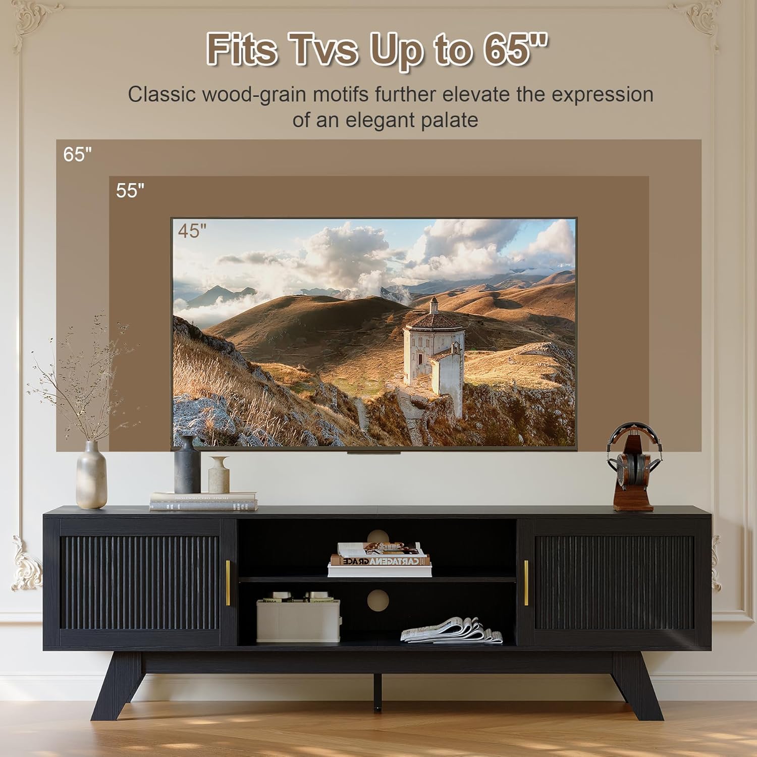 ChooChoo 59.5" Fluted TV Stands for 65 Inch TV, Mid Century Modern Entertainment Center with Storage and Adjustable Shelf, Long TV Console Media Table for Living Room, Bedroom, Black 4 81Cnc01CdOL. AC SL1500