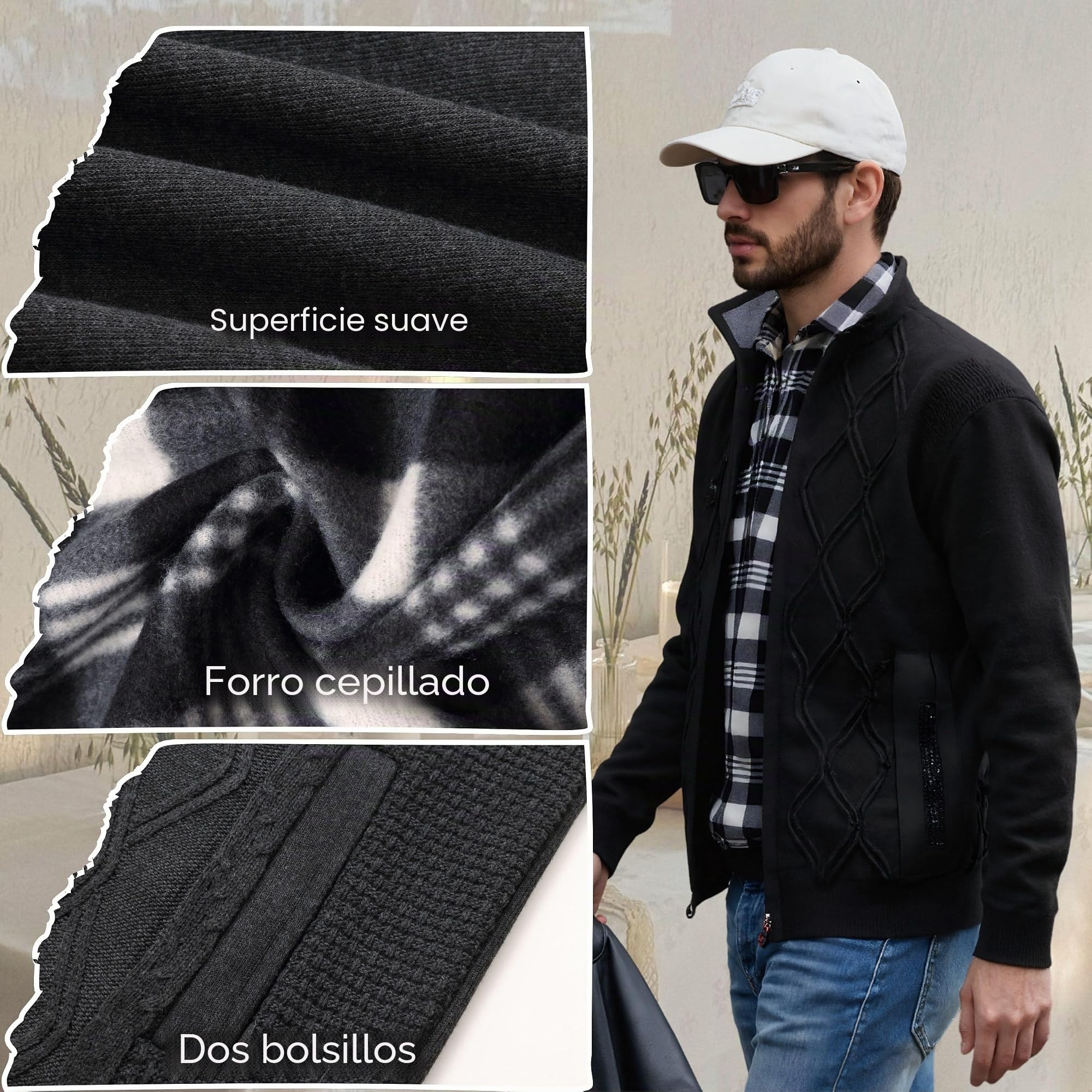 Cárdigan de Hombre Cárdigan Invierno Cálido Suéter Chaqueta Mangas Largas Punto Suéter con Cremallera Forro Polar Chaqueta Cuello Alto Punto Cable