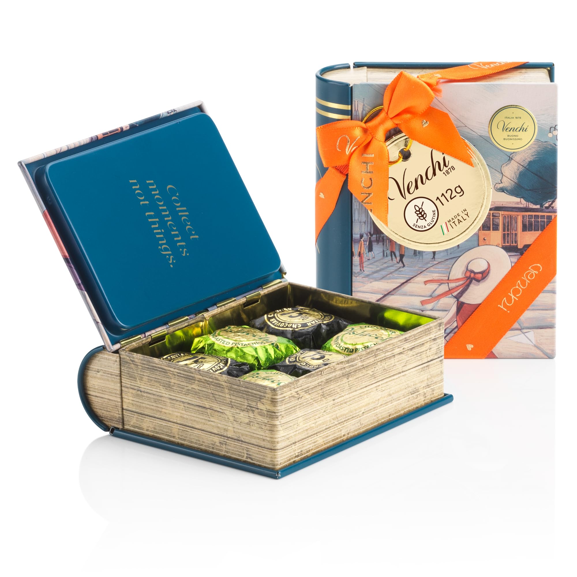 Venchi – Mini Milano Tin Book with Chocoviar Chocolates, Dark Chocolate and Pistachio, 3.95 oz, Gluten-Free, No Artificial Colours, No Preservatives, Gift Idea