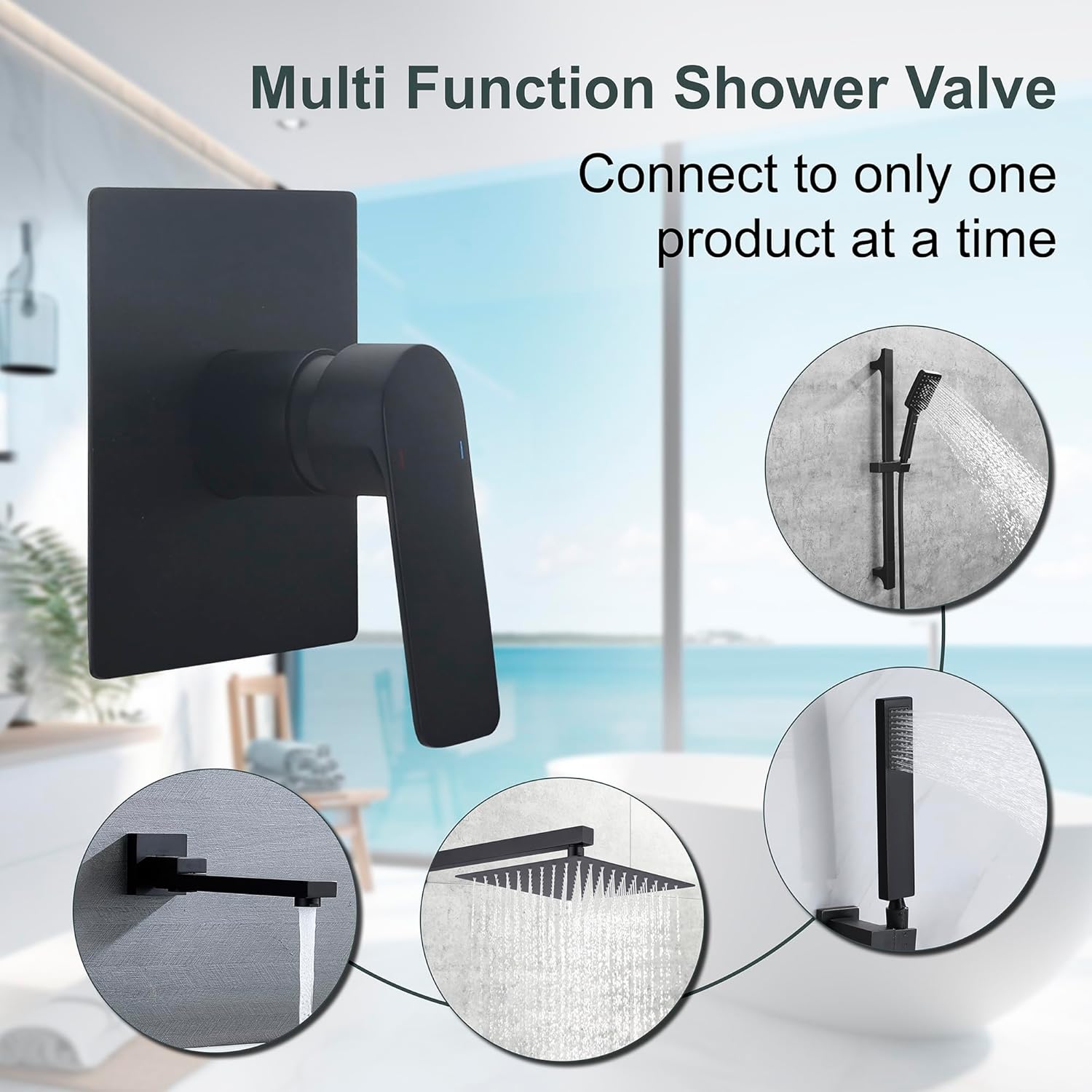 Bathroom Shower Handle Valve Wall Mounted Shower Mixer Valves Male Thread Bathroom Trim Kit Single Function Square Shower Valve, Matte Black
