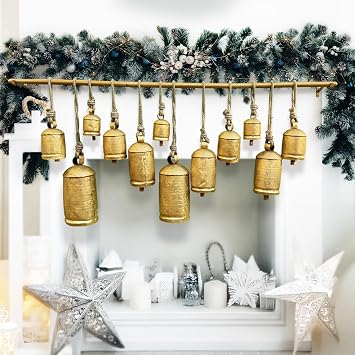 DIYANA IMPEX Bohemian Tibetan-Inspired Metal Cow Bells Wall Hanging 12 Rustic Vintage Christmas Bells on Jute Rope & Rod 48" x 6" x 20", Decorative Home, Mantel & Holiday Accent