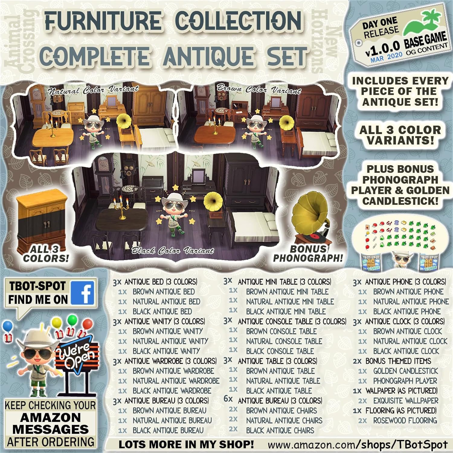 TBotSpot ACNH Furniture Item Pack Antique Decor Set