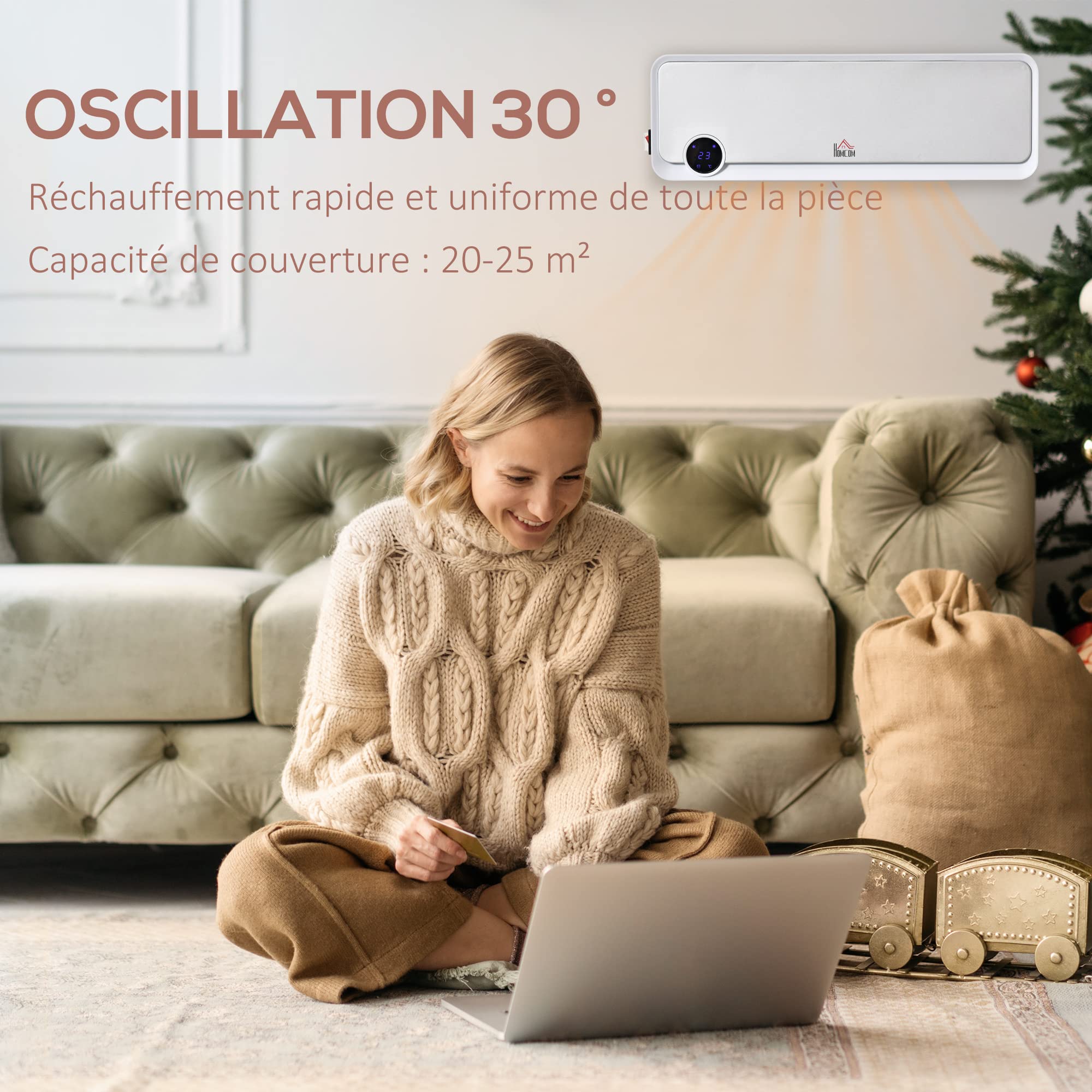 HOMCOM Radiateur mural soufflant oscillant 2000 W - chauffage céramique PTC - 3 niveaux de puissance - télécommande incluse blanc argenté