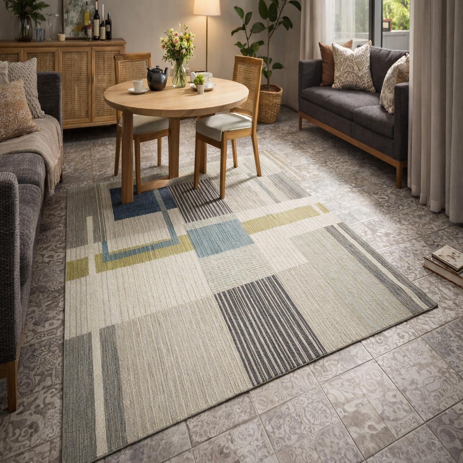Tapis de salon geometric blue 120x180cm lavable et antidérapant