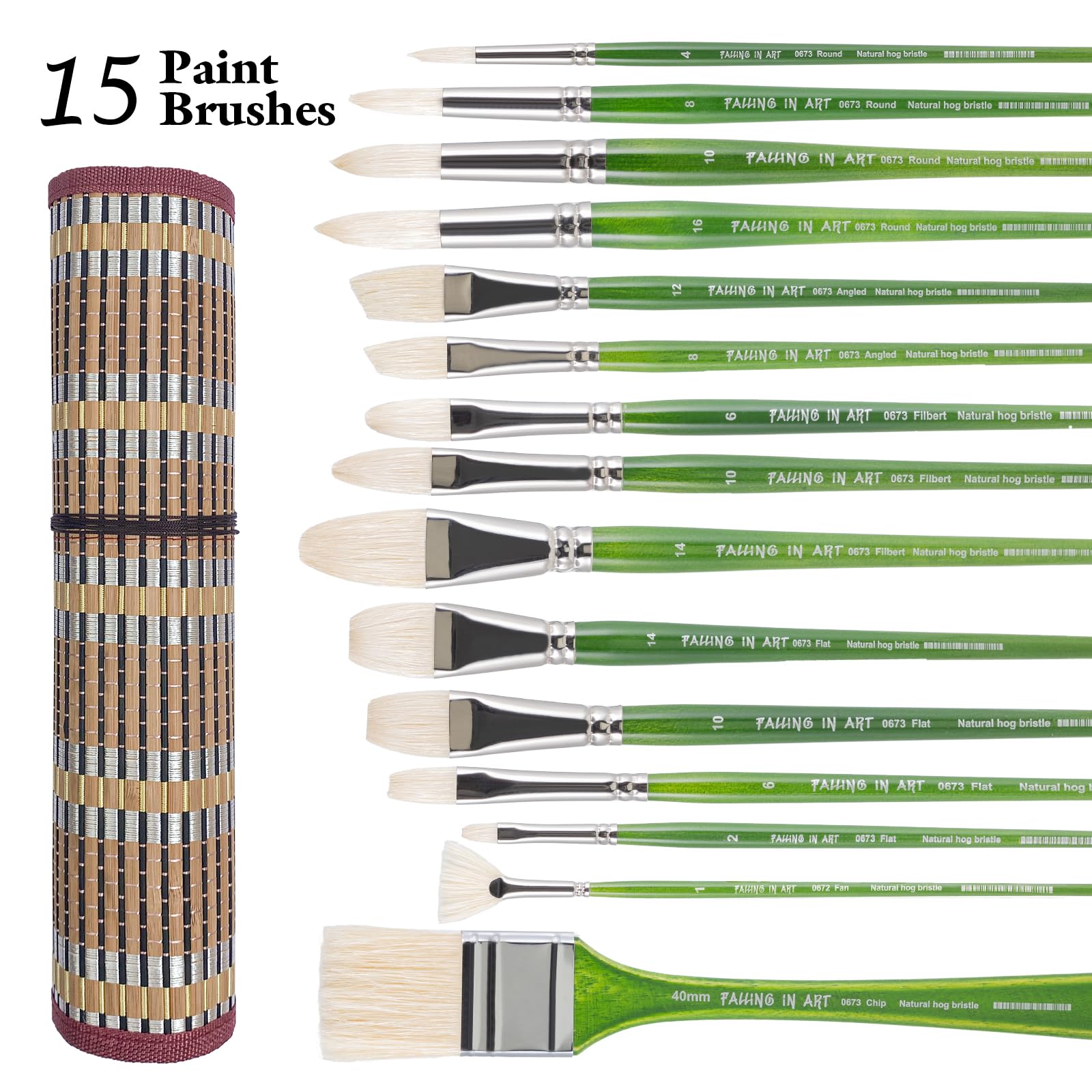 Falling in Art Set di pennelli professionali con setole naturali, 15 pennelli con manico lungo per pittura acrilica, pennelli a ventaglio, rotondi, piatti, angolati e filbert, con custodia, verde