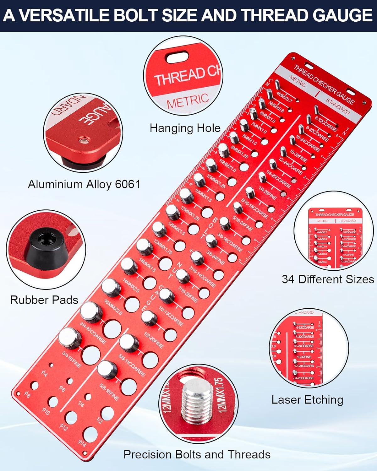 Thread Checker, 42 Nut and Bolt Thread Checker, Thread Gauge Solid Bolts with 19 Standard and 15 Metric, identibolt 8 Drill Bit Gauge, Heavy-Duty Bolt and Nut Identifier Gauge