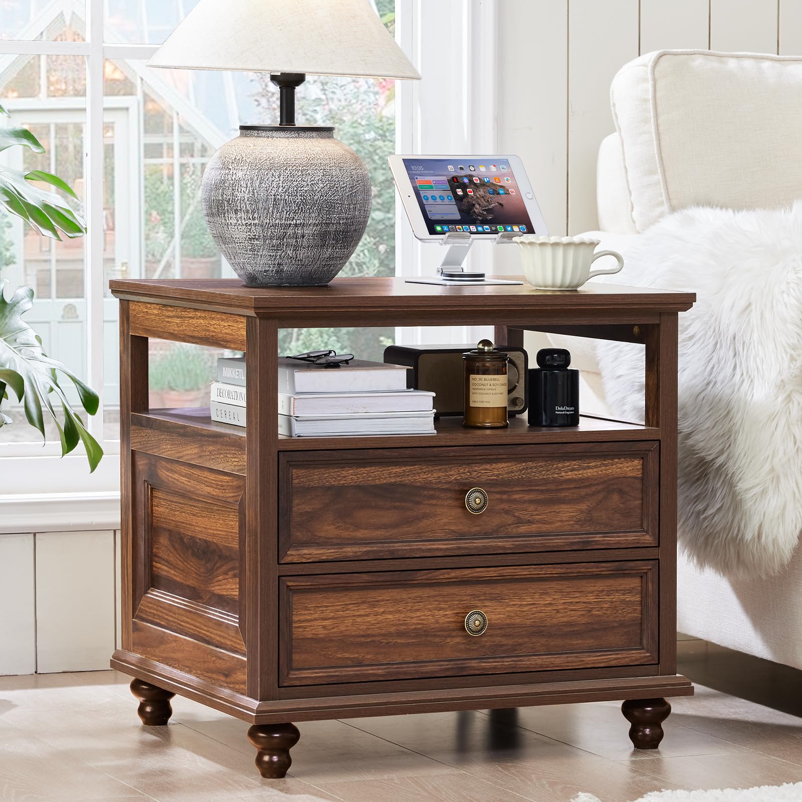 Joaxswe 24" Wide Farmhouse Night Stand,Large End Table with 2 Drawers &amp; Metal Handle,Wood Dresser for Bedroom, Brown Bed Side Table Chest of Drawers Cabinet,Nightstand for Living Room,Closet