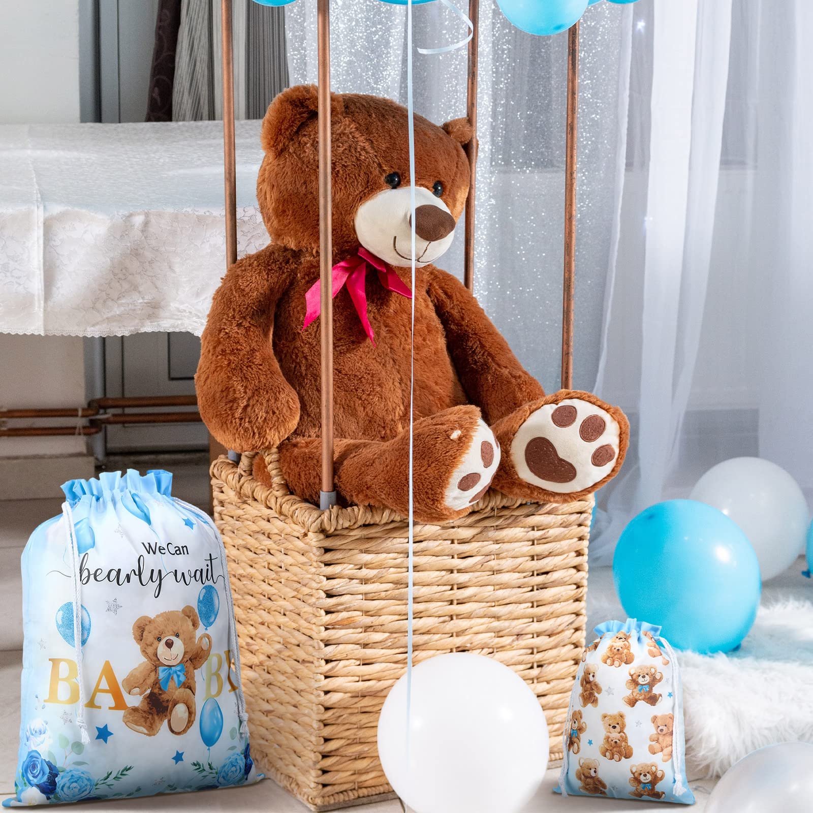 Chapou 4 szt. Niedźwiedź Baby Shower Torby na prezenty z tkaniny wielokrotnego użytku Torby na prezenty 'We Can Bearly Wait' torby na prezenty 50 cm duże 30 cm średnie torby na prezenty do pakowania