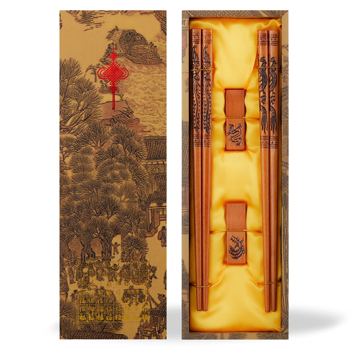 Palillos reutilizables, juego de palillos de madera con diseño de dragón y fénix, aptos para lavavajillas, juego de palillos de madera natural (2 pares)