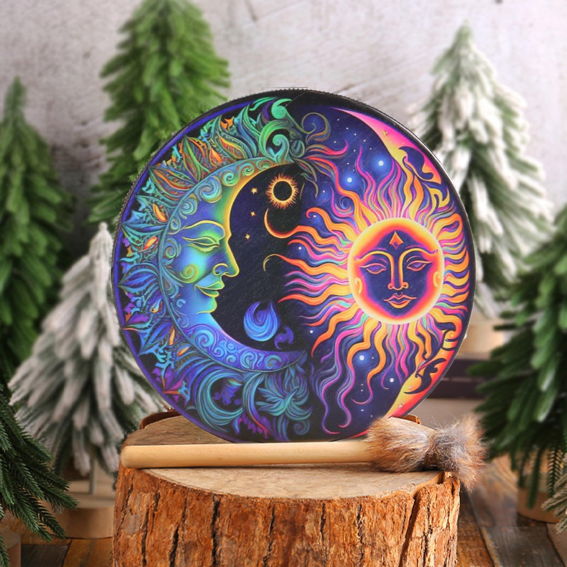 Tambour de buffle, 10 dans du tambour de chaman avec bâtons, motif soleil-lune, sonière chamanique