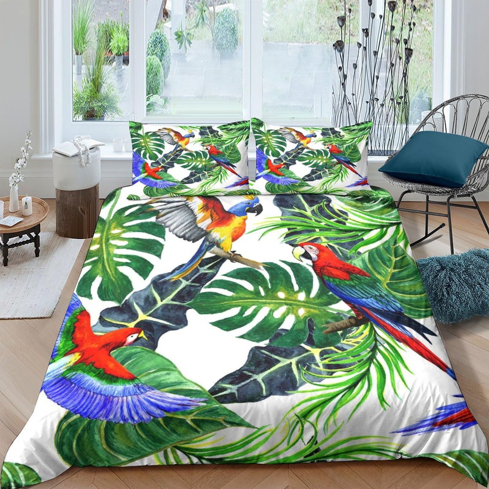 Pappagallo tropicale 3D Stampa Coperteletto 3pz Microfibra Zip nascosta Giungla ad acquerello Coperta Letto 2 federe Resistente Arredo Camera Adolescenti King（220x240cm）