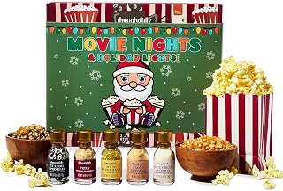 Thoughtfully Movie Night Popcorn Set with Christmas Holiday Band, Includes Yellow & Mixed Popcorn Kernels, 10 Popcorn Bags, 5 Gourmet Seasonings & Toppings, Family Movie Night Gift Basket