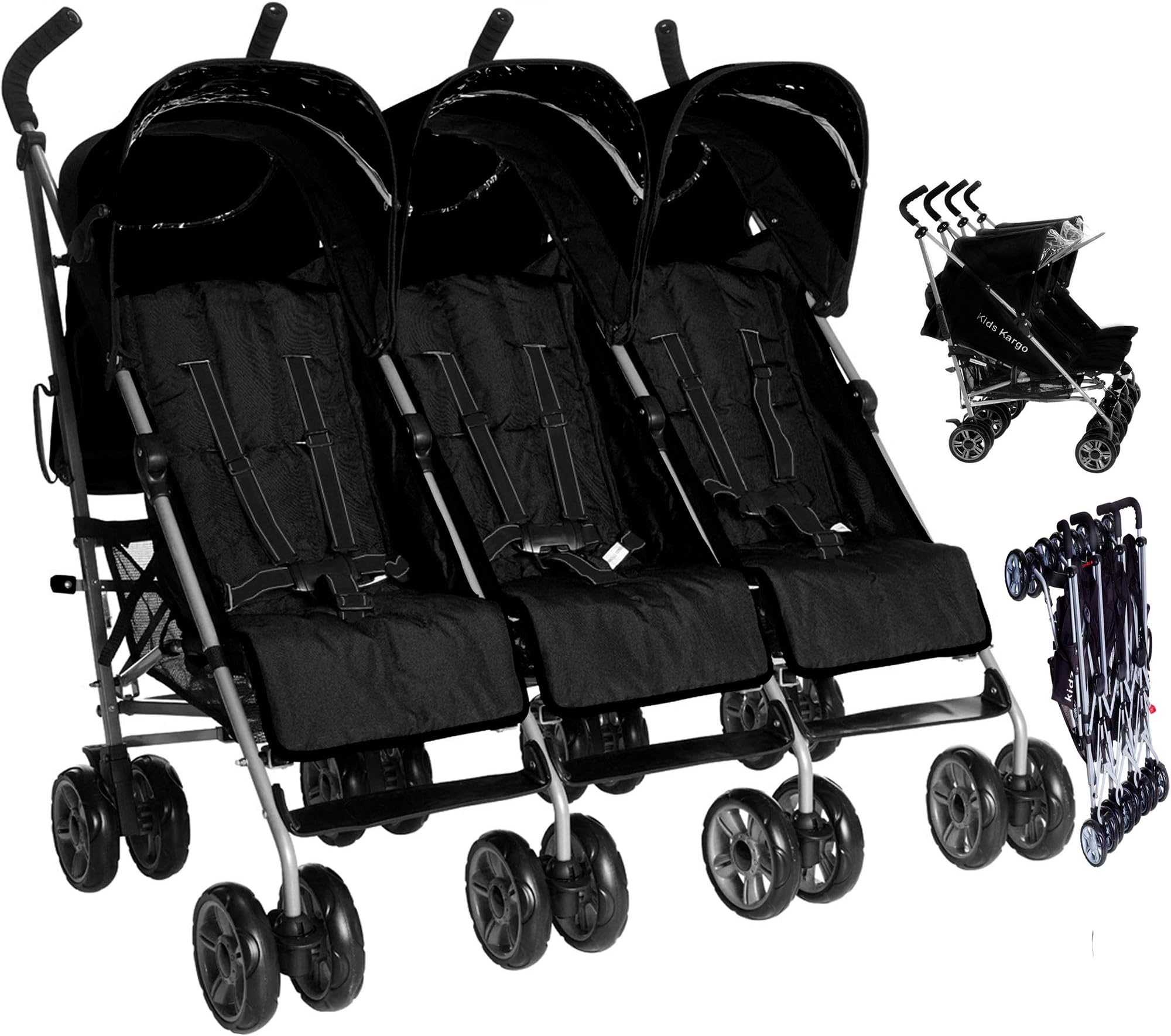 Kids Kargo Triple Stroller birth-15kg per seat. Safety Reflectors, Umbrella fold, 3 Visors & a rain Cover. Midnight Black Pushchair