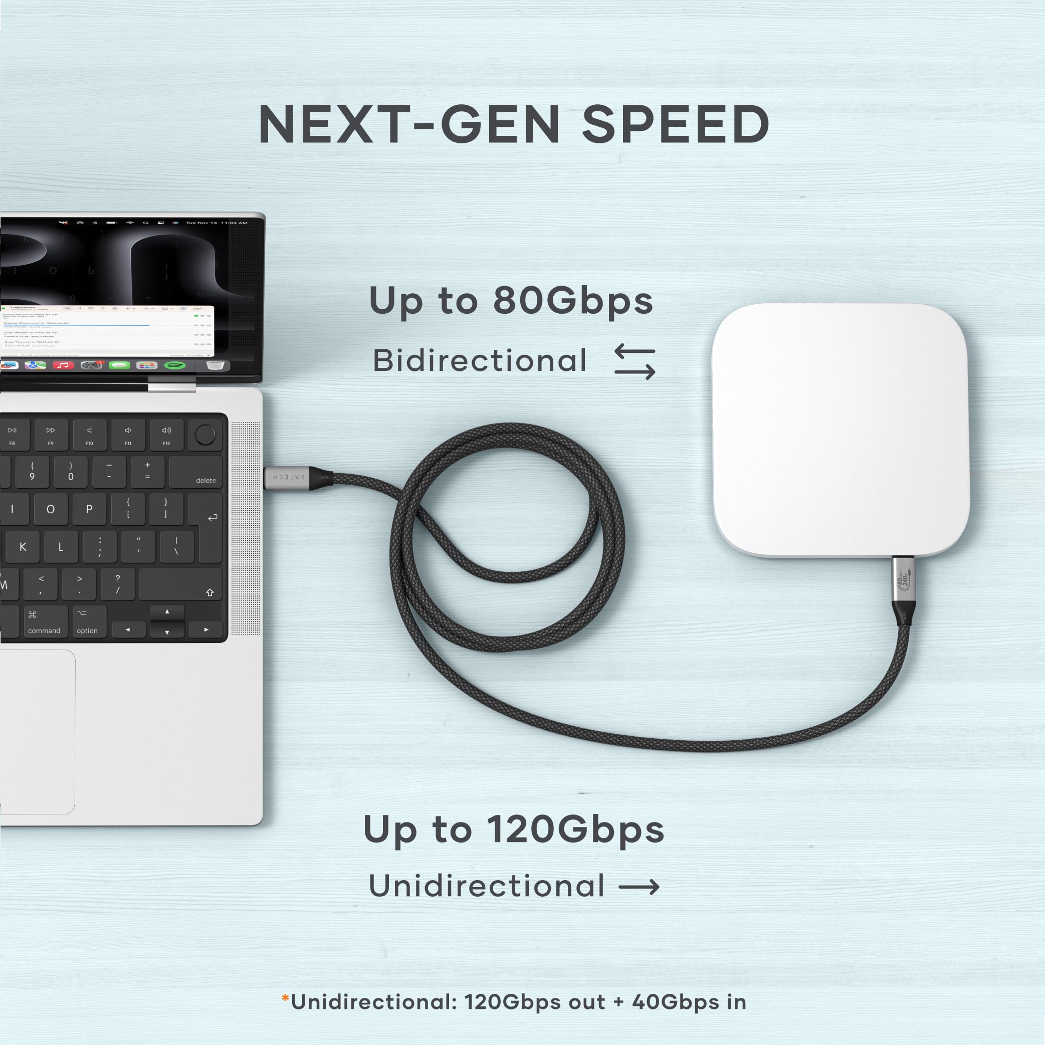 Satechi Cavo USB4 V2 Pro di Ricarica Rapida PD 240W con Lunghezza 1,2 m, Dati fino a 120Gbps, USB-C a USB-C, Risoluzione 8K@60Hz – 4K@120Hz, Thunderbolt 5/4/3 per MacBook Air/Pro/Neo