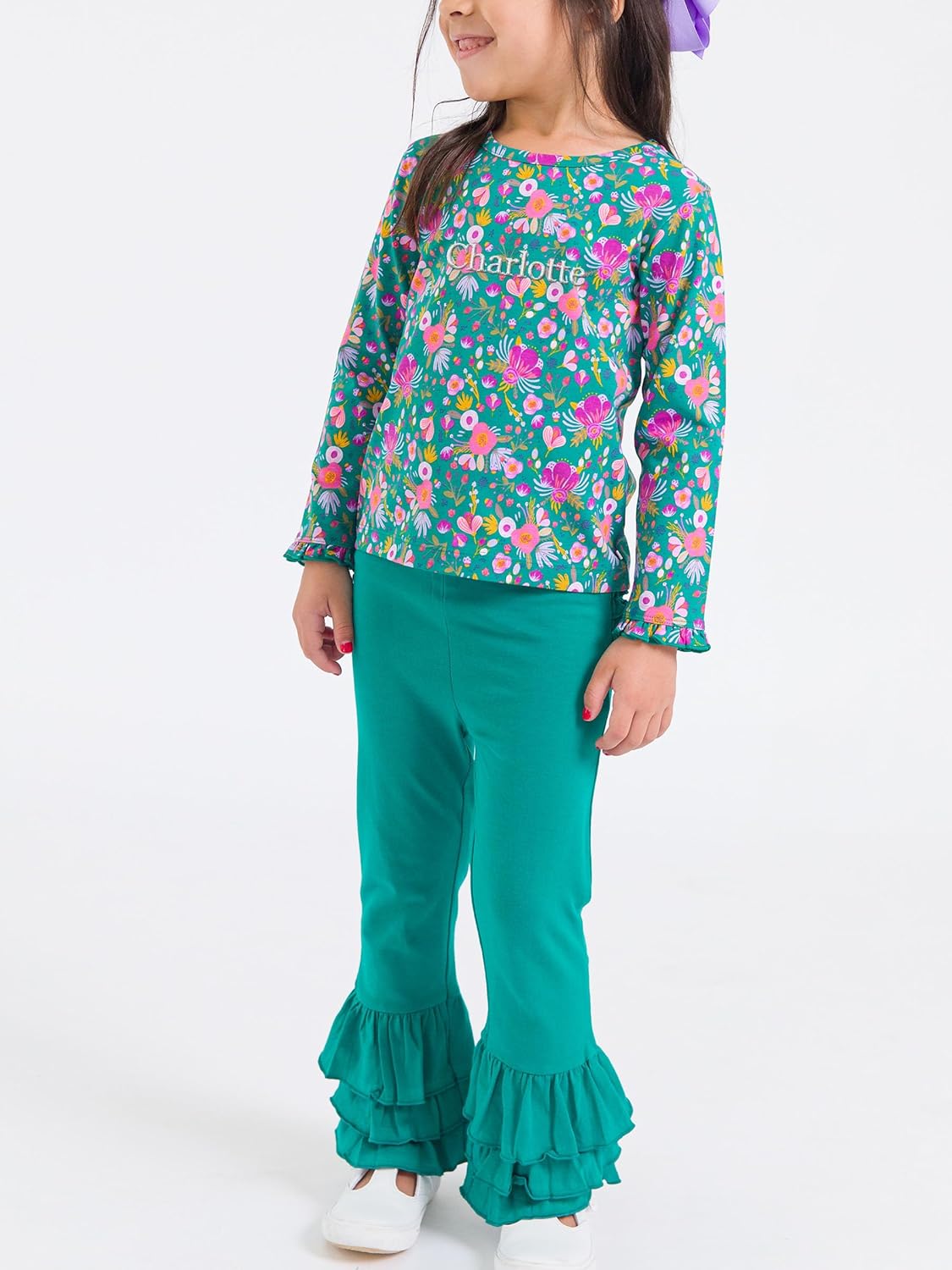 RuffleButts® Baby/Toddler Girls Stretchy Flare Pants w/Ruffles - Image 3