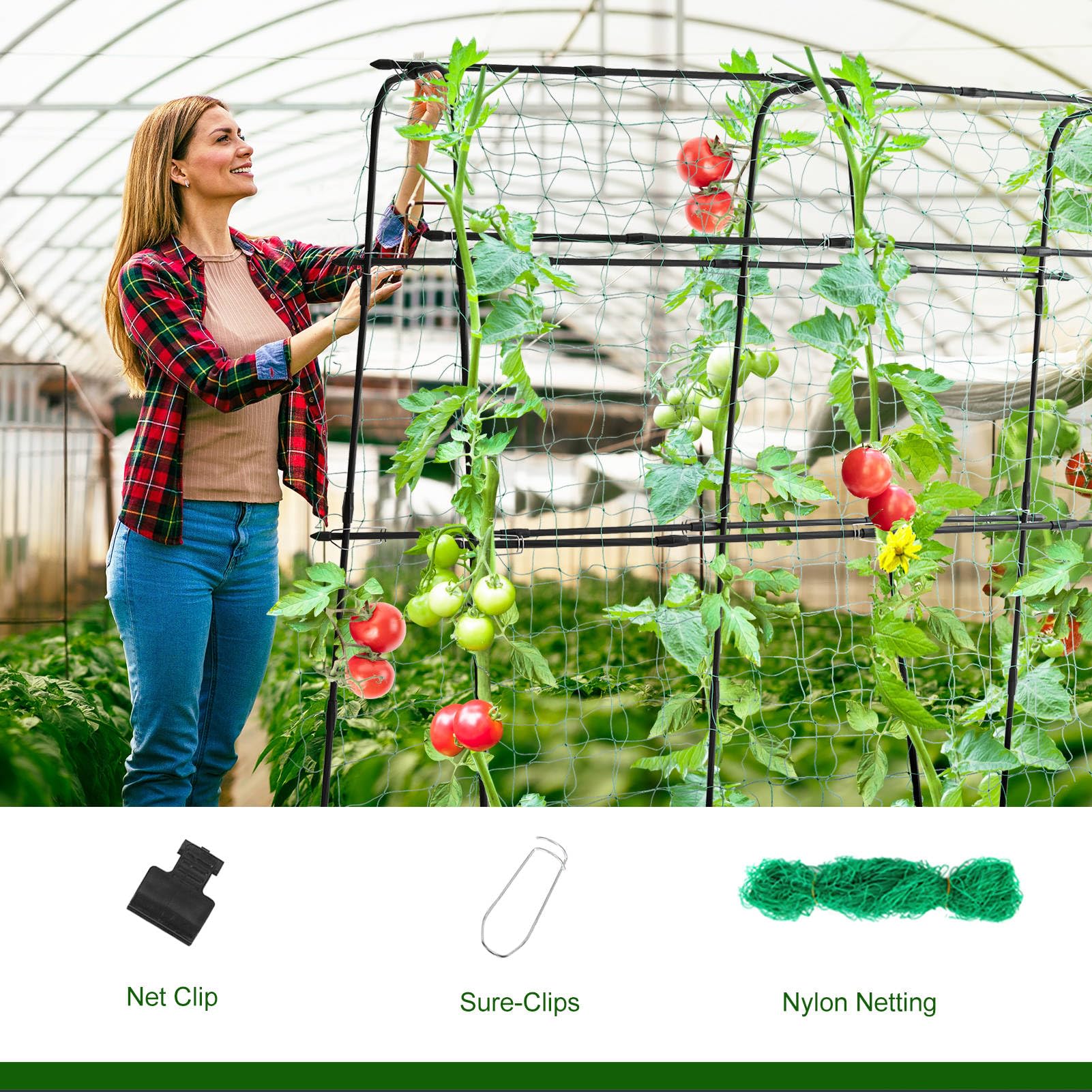 Garden Trellis for Climbing Plants Outdoor | Metal Plant Support for Outdoor Vegetables/Fruits/Flowers Vines | Large Garden Arch Cucumber Trellis with Nylon Garden Netting, 63" Hx 63" L, Black