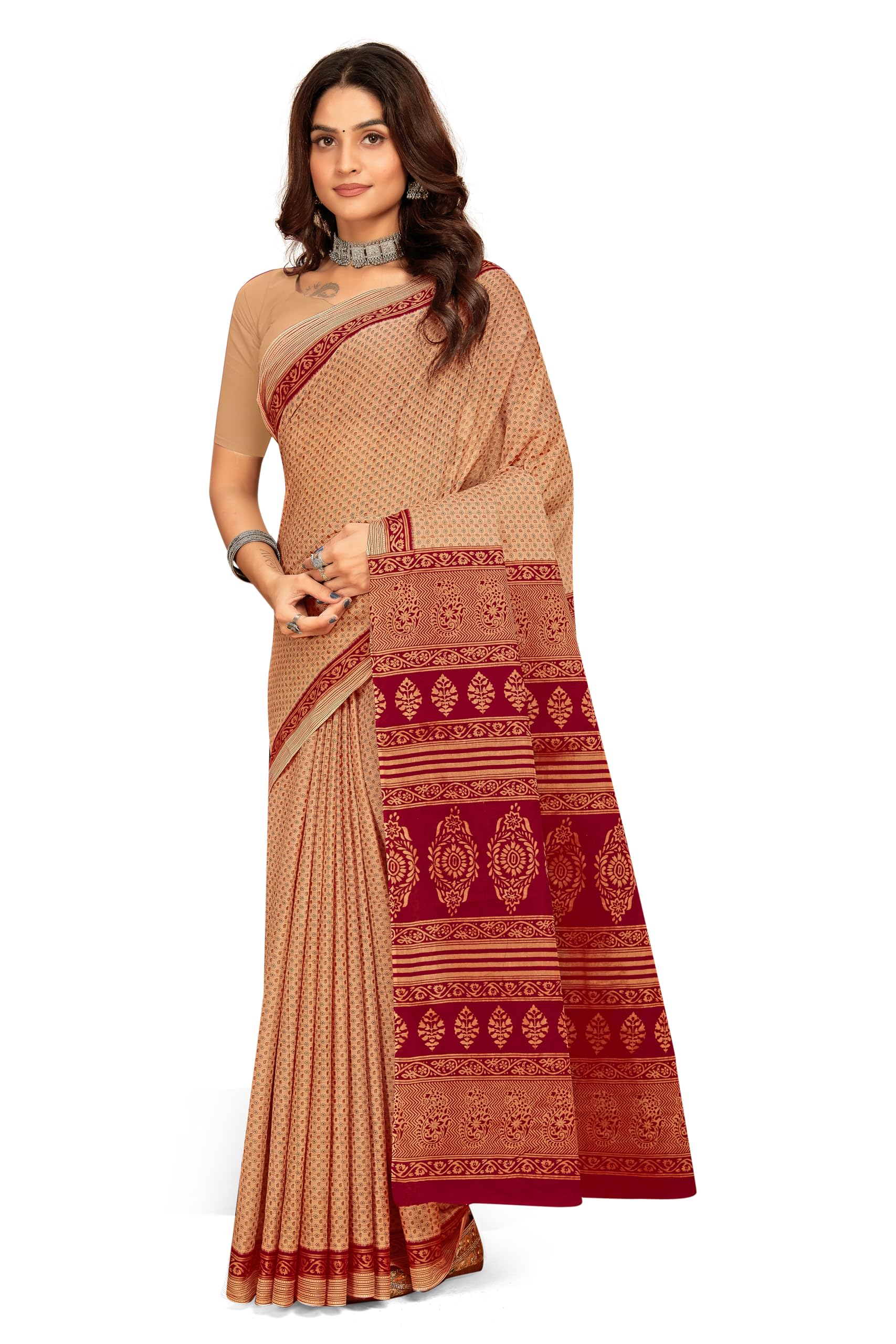 Tamaira Fashion Women's Floral Butti Printed Pure Cotton Mulmul Saree Without Blouse Piece(11497_Beige)