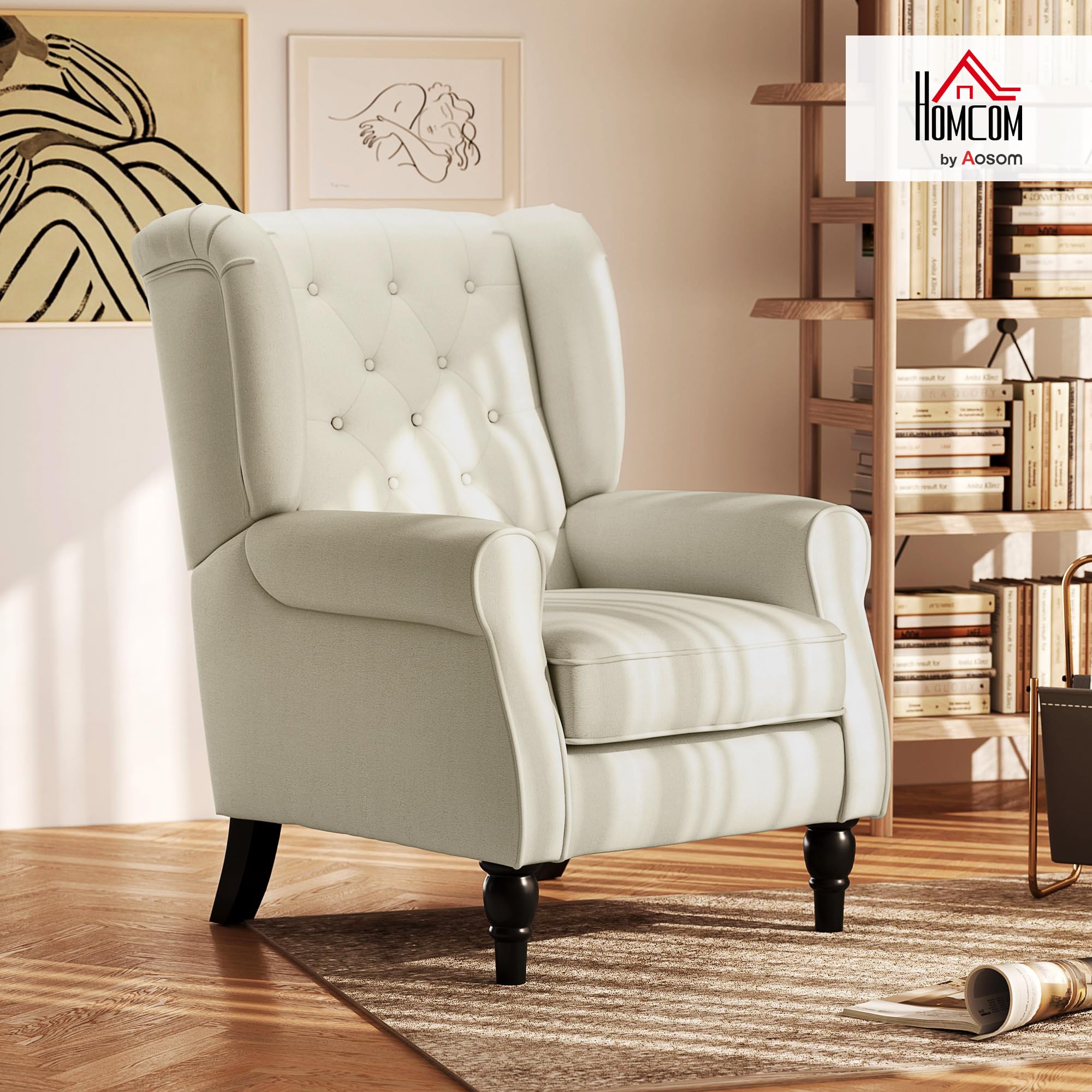 HOMCOM Poltrona per Salotto in Stile Francese con Ampia Seduta, Poltroncina in Tessuto con Gambe in Legno e Cuscino, 74x86x102 cm, Bianco