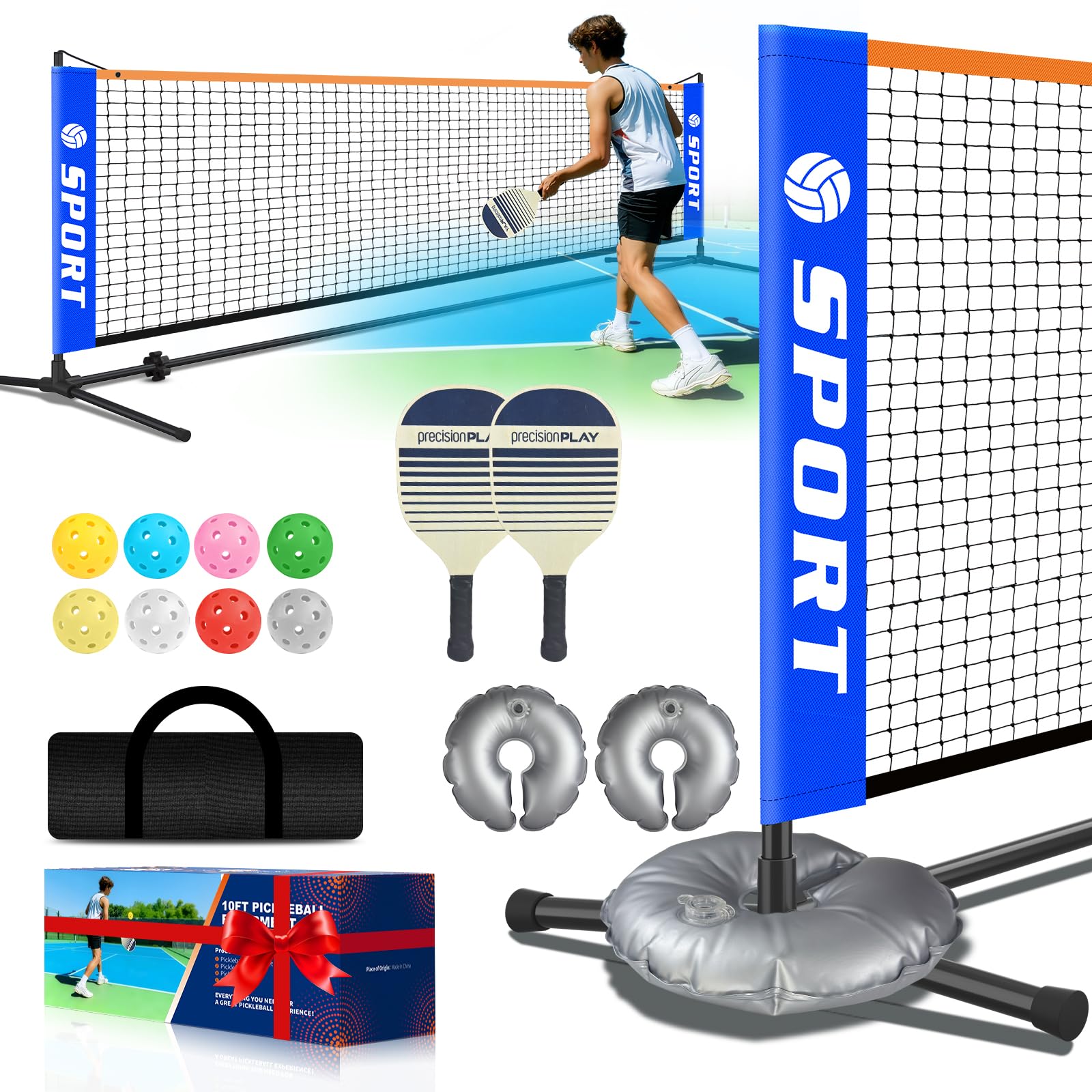 Pickleball Net for Driveway, Portable Pickleball Net Set with Paddles, Water Bags,Portable Outdoor Pickleballs, Mini Pickleball Net, Carry Bag,10FT PickleBalls Net Weather Resistant Steady Metal Frame