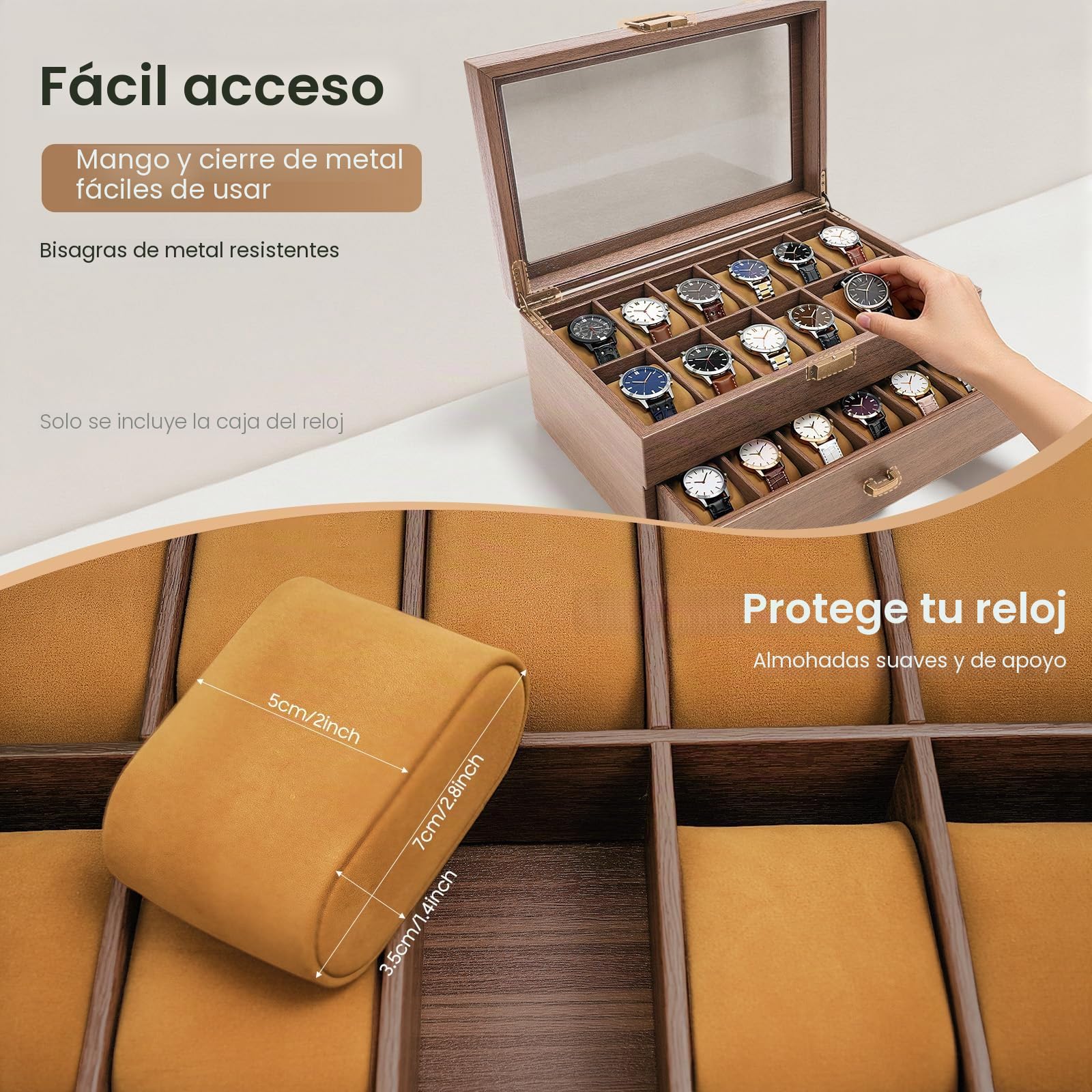 Caja Relojes 24 Rejillas 2 Niveles Watch box con Vidrio Tapa y Snap Estuche Reloje para Personal, Presentación Tienda y Decoración de Interiores, para Guardar Relojes, Joyas