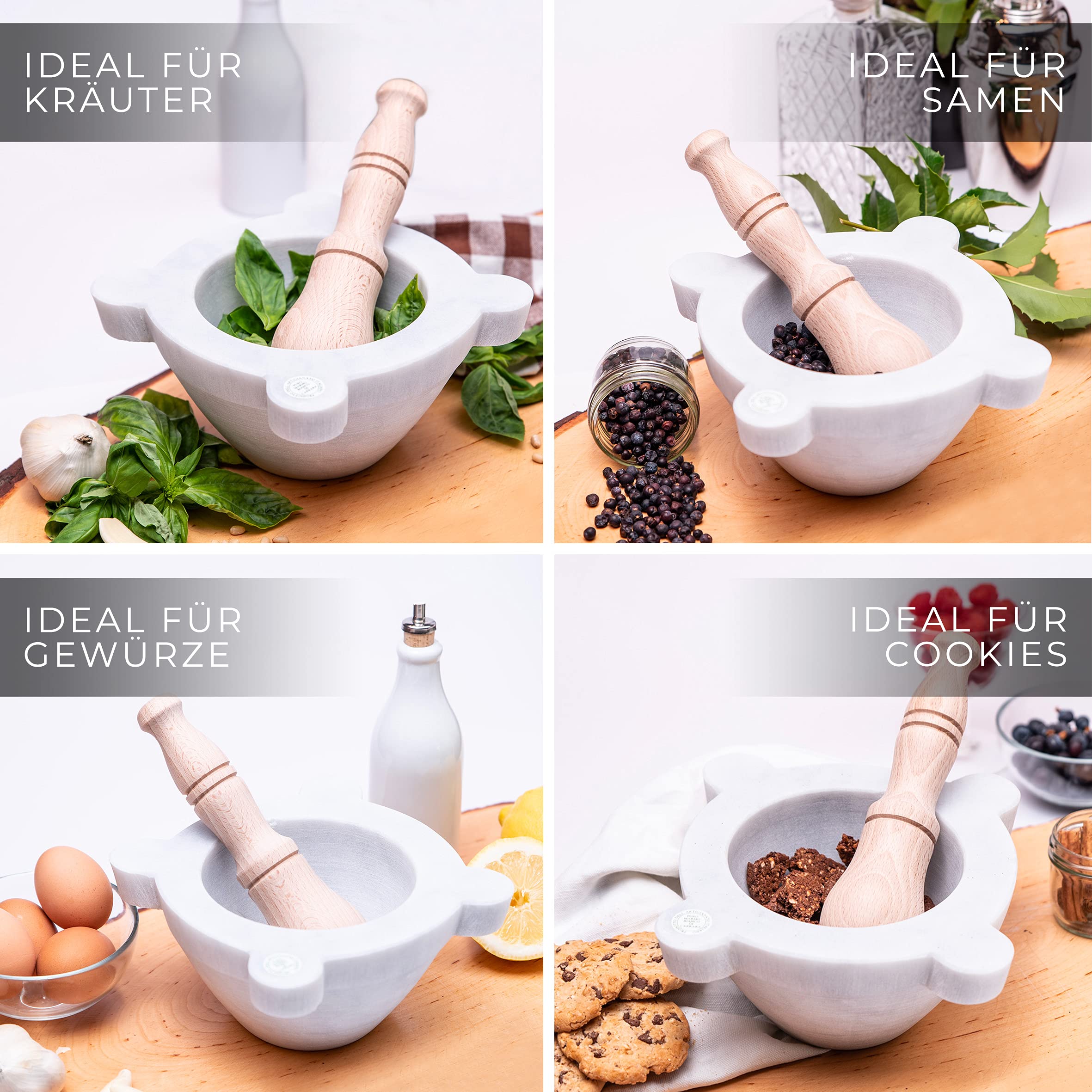 Mörser Aus Marmor Weiss Carrara Marmor Mit Stössel Bembo – Mörser Für Pesto Und Gewürze – Made in Italy - Modell Aus Genua (cm 20)