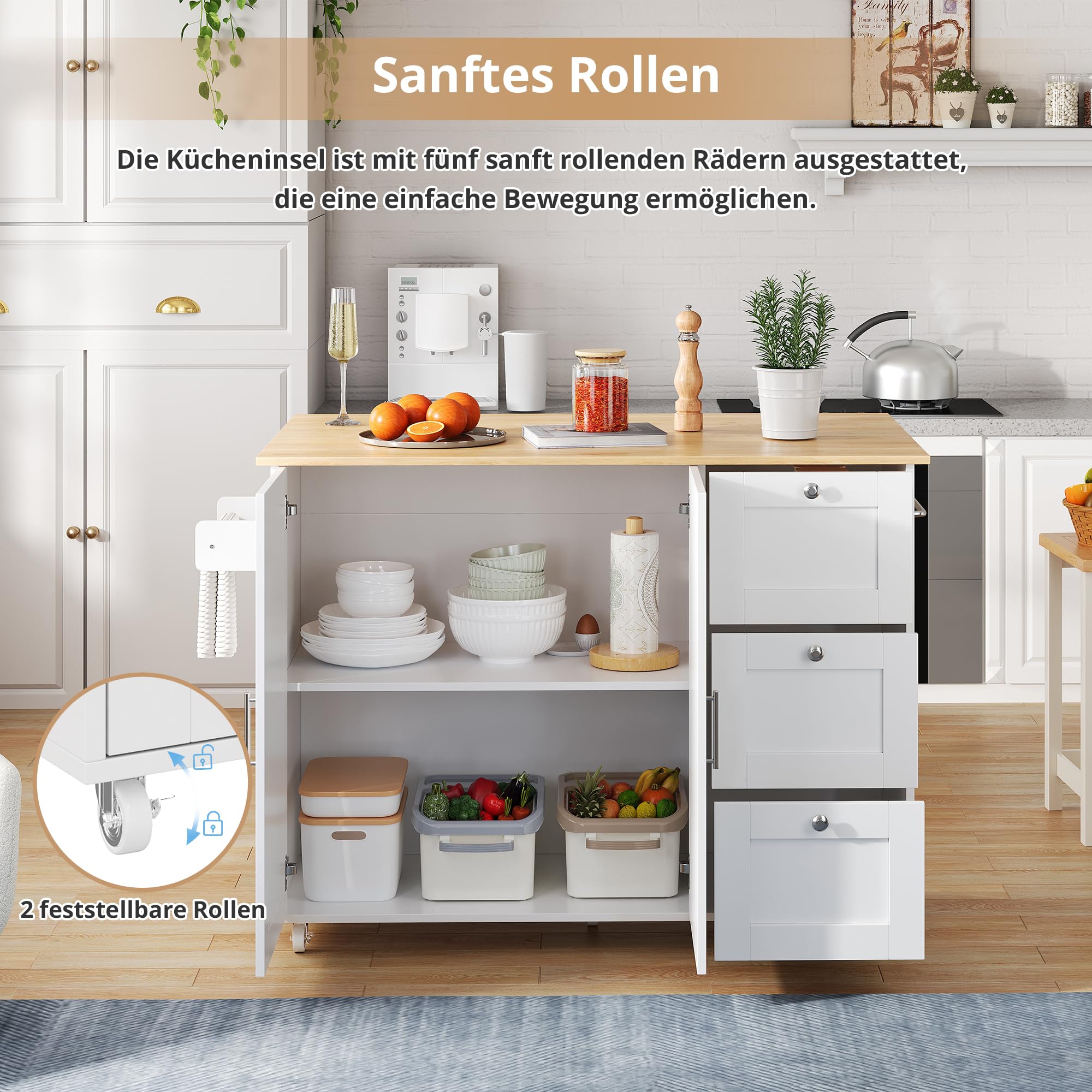 Carrello Cucina Mobile In Legno Di Rovere - 3 Cassetti, Pieghevole, Multifunzione - Foto 4