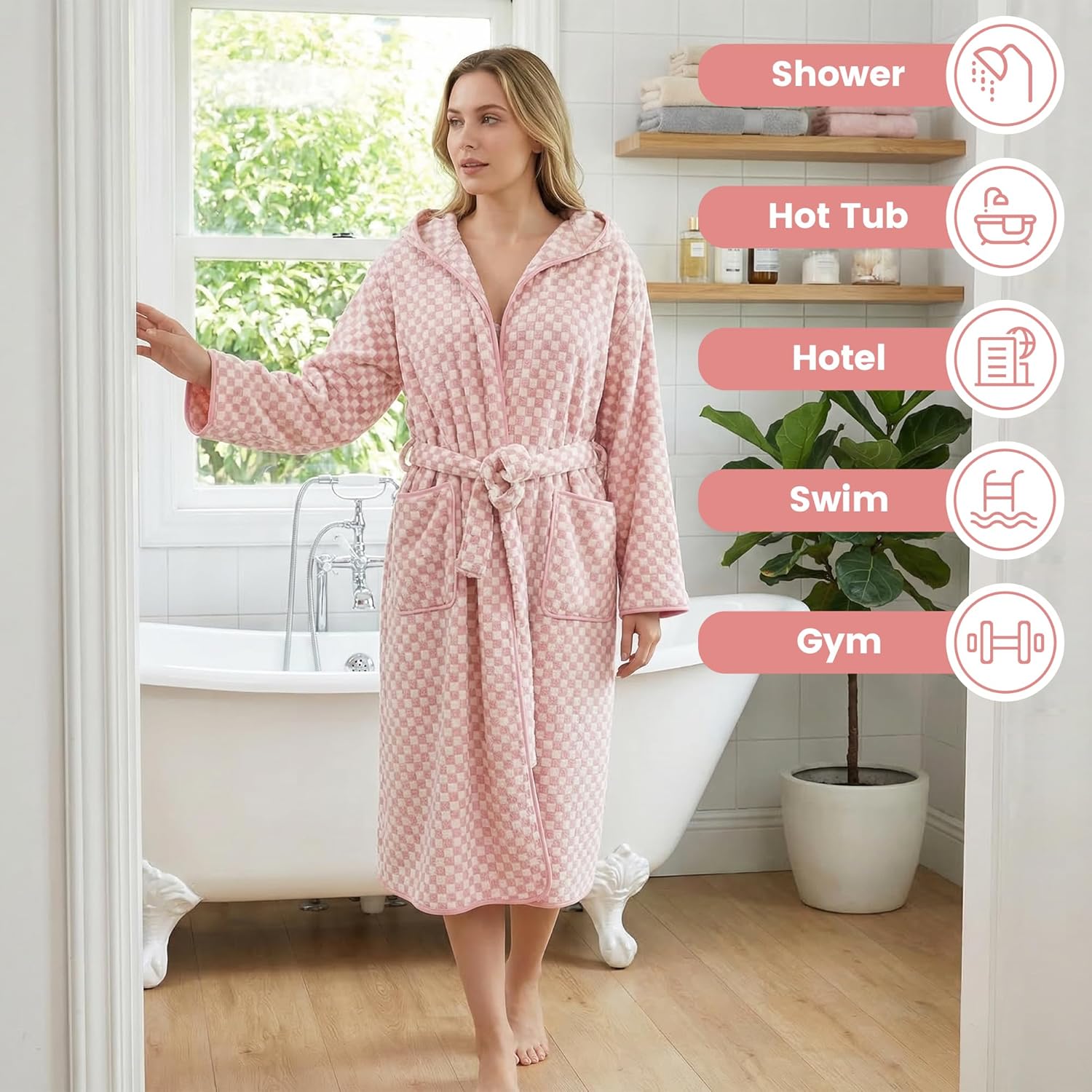 Checkered Hooded Bathrobe for Women, Coral Fleece Quick Dry Soft Absorbent Plush Y2K Robe