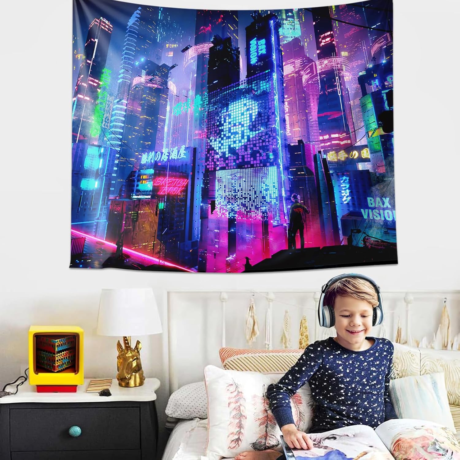 OSUNBD Japanese Anime Tapestry for Bedroom Aesthetic, Cool Futuristic Japanese Neonn Video Game Wall Hanging Tapestrys Poster for Bedroom Living Room Dorm Playroom Wall Art Decor, 118x78 Inch Flannel