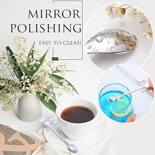 Miniatura 6 de PBIEHSR - Cuchara de café para gatos, taza colgante de acero inoxidable, cuchara de té de dos longitudes diferentes, cuchara de postre para revolver