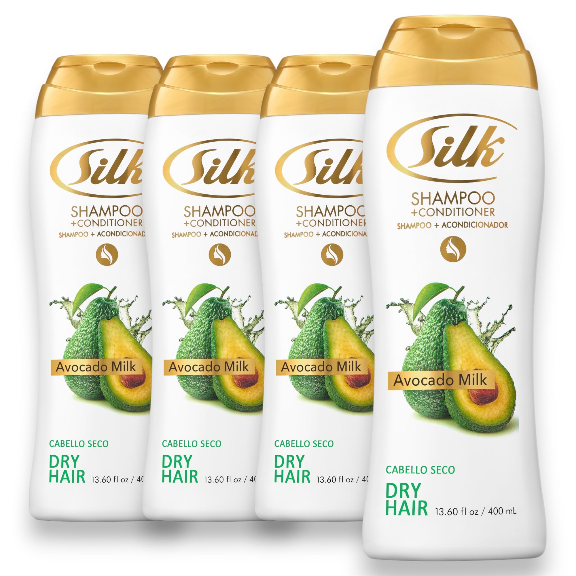 SILK 2 in 1 Shampoo and Conditioner for Dry, Damaged Hair – Deep Nourishing Wash with Avocado Extract – Anti-Frizz, Shine & Softening for Men & Women – Avocado Milk Scent, 13.6 fl oz (Pack of 4)