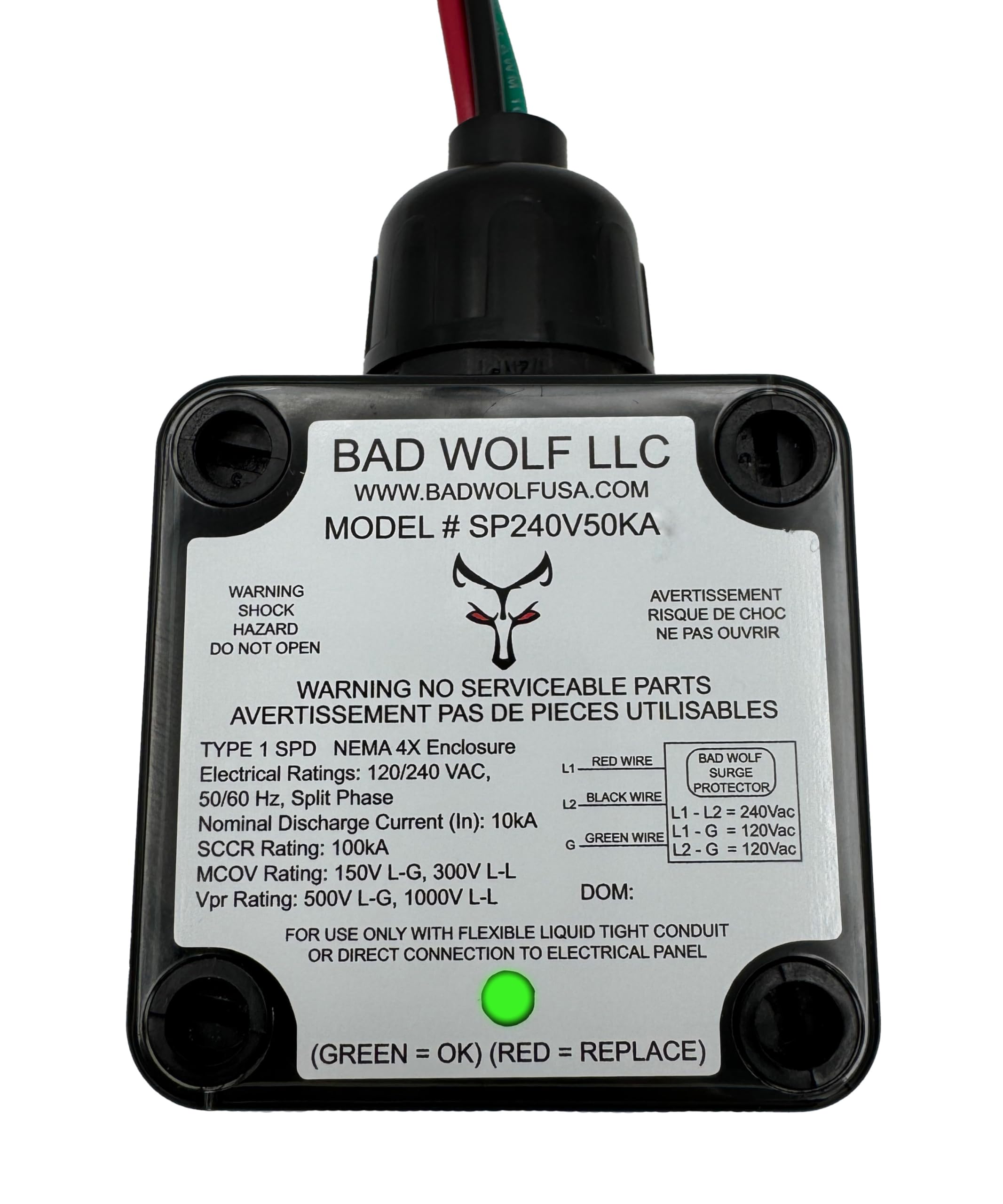 Type 1 Surge Protector, 120/240VAC Split Phase, 50kA ITMOV Technology, 2.5 x 2.5 x 2.25 inches, NEMA 4X Waterproof Enclosure