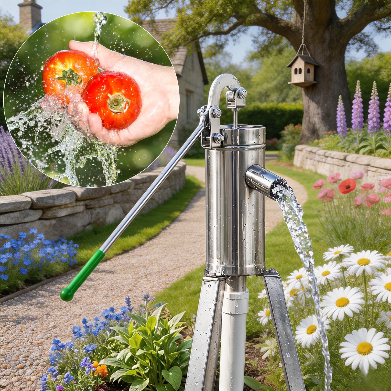 Schwengelpumpe Komplett Set, Gartenpumpe Edelstahl Manuell Handpumpe Wasser Handpumpe Wasserpumpe Gartenpumpe Und Energiesparend Haushalt Regenfasspumpe für Gartenhof
