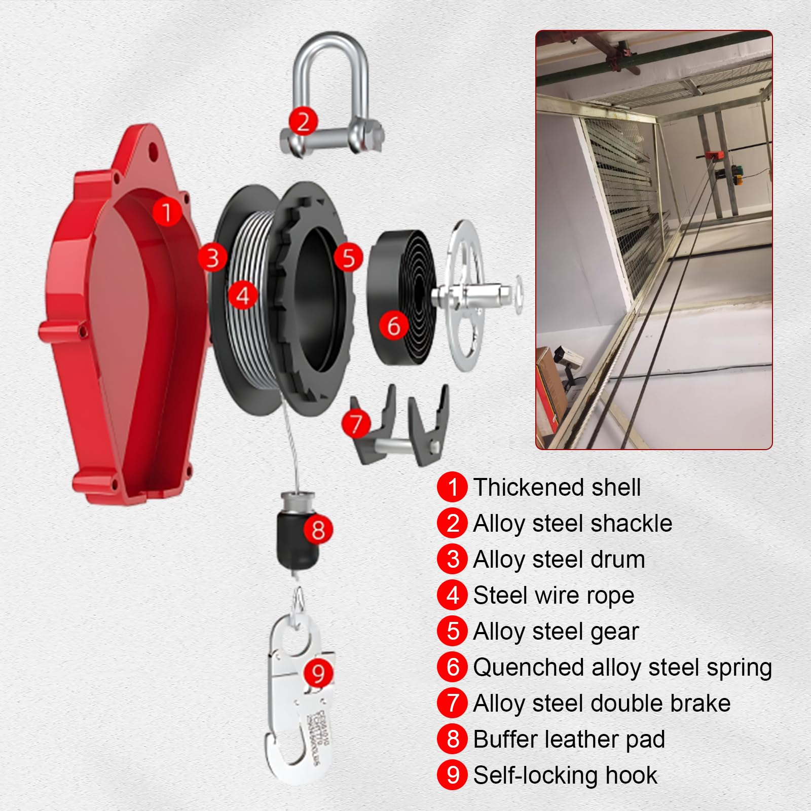 Dispositif Anti Chute Rétractable 10m, Harnais de Sécurité Anti Chute, Stop Chute Automatique pour le Travail Aérien, Charge Maximale : 200kg, Rouge