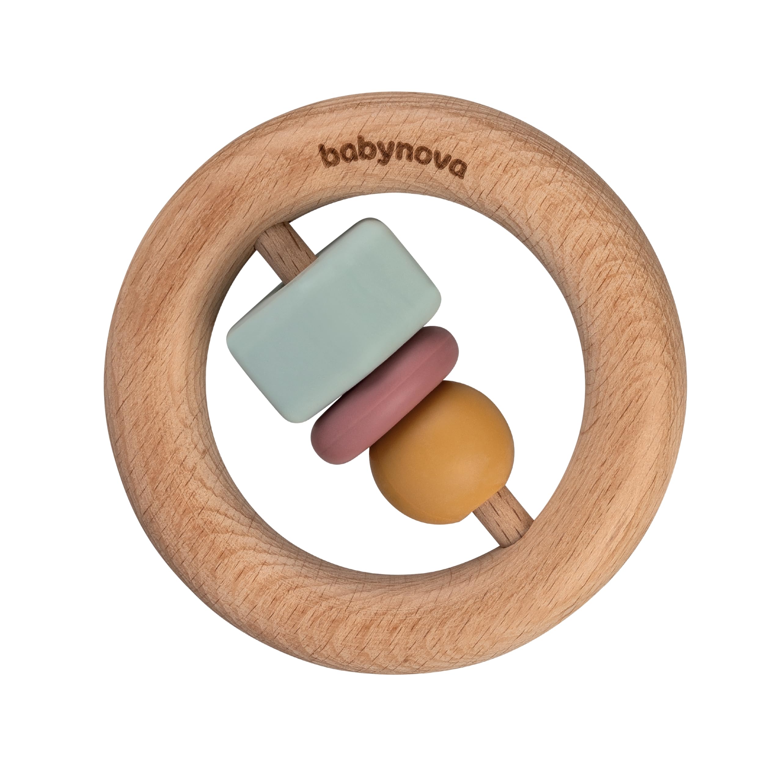 babynova Holz Motorik Beißring - Montessori Holzspielzeug für Zahnen, Spielen & Lernen ab 0 Monate - Frühe Entwicklung der Motorik - BPA-frei